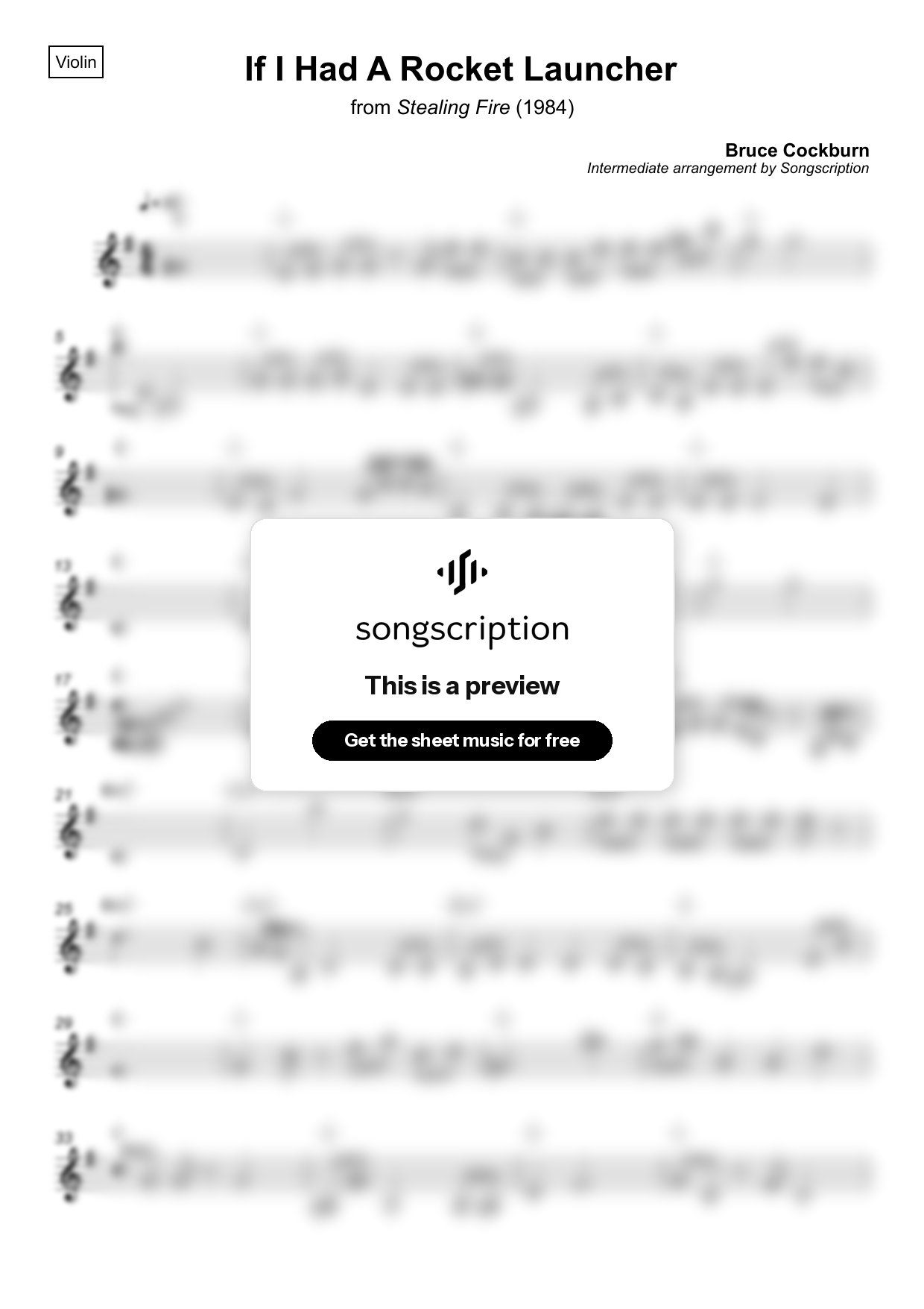 Intermediate Violin Sheet Music for "If I Had A Rocket Launcher" by Bruce Cockburn