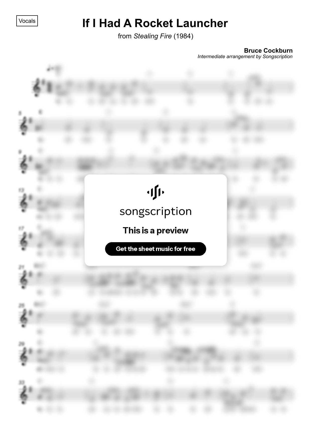 Intermediate Vocals Sheet Music for "If I Had A Rocket Launcher" by Bruce Cockburn