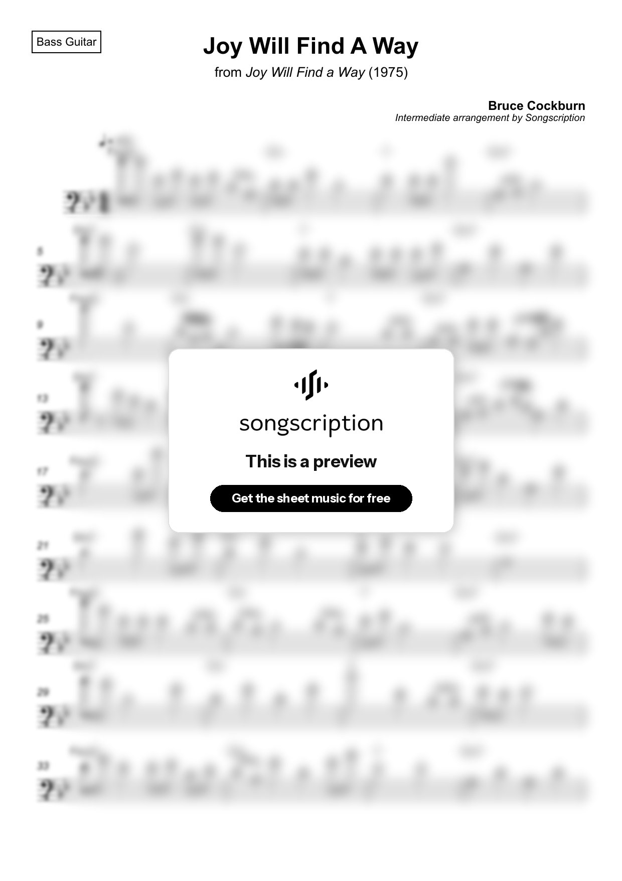 Intermediate Bass Guitar Sheet Music for "Joy Will Find A Way" by Bruce Cockburn