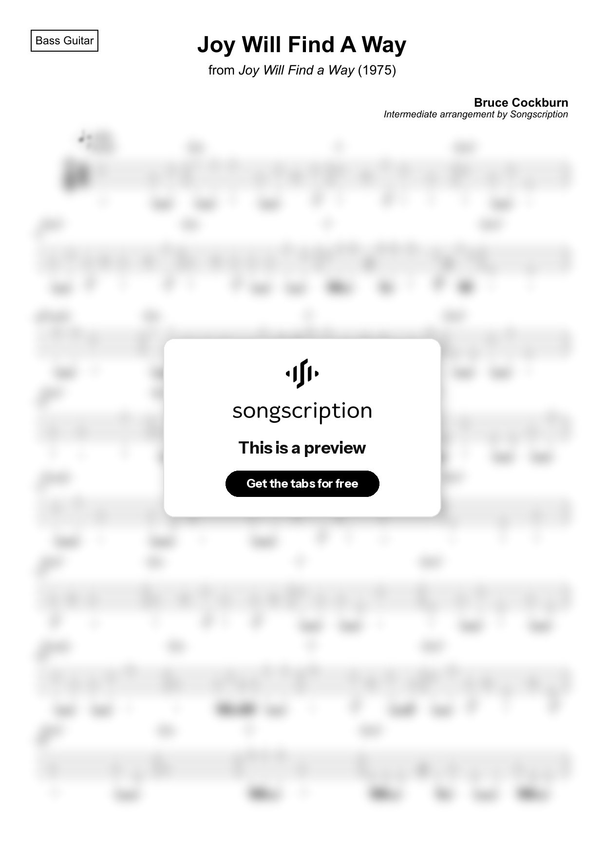 Intermediate Bass Guitar Tabs for "Joy Will Find A Way" by Bruce Cockburn