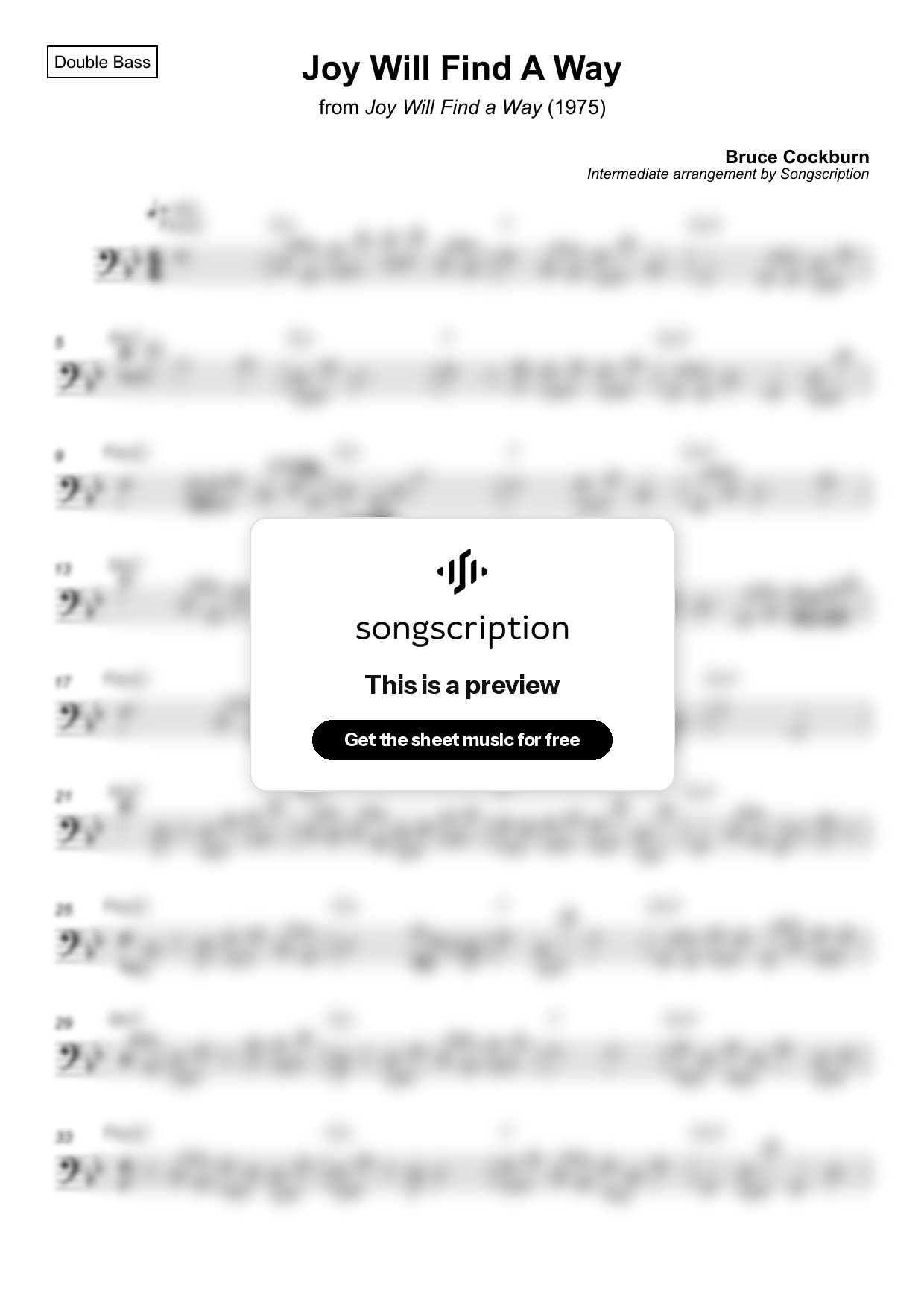 Intermediate Double Bass Sheet Music for "Joy Will Find A Way" by Bruce Cockburn