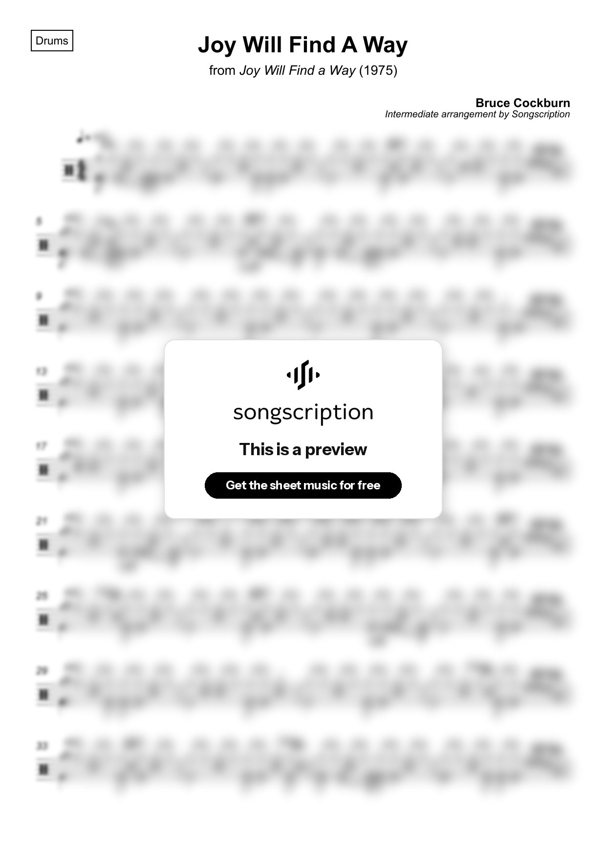 Intermediate Drums Sheet Music for "Joy Will Find A Way" by Bruce Cockburn