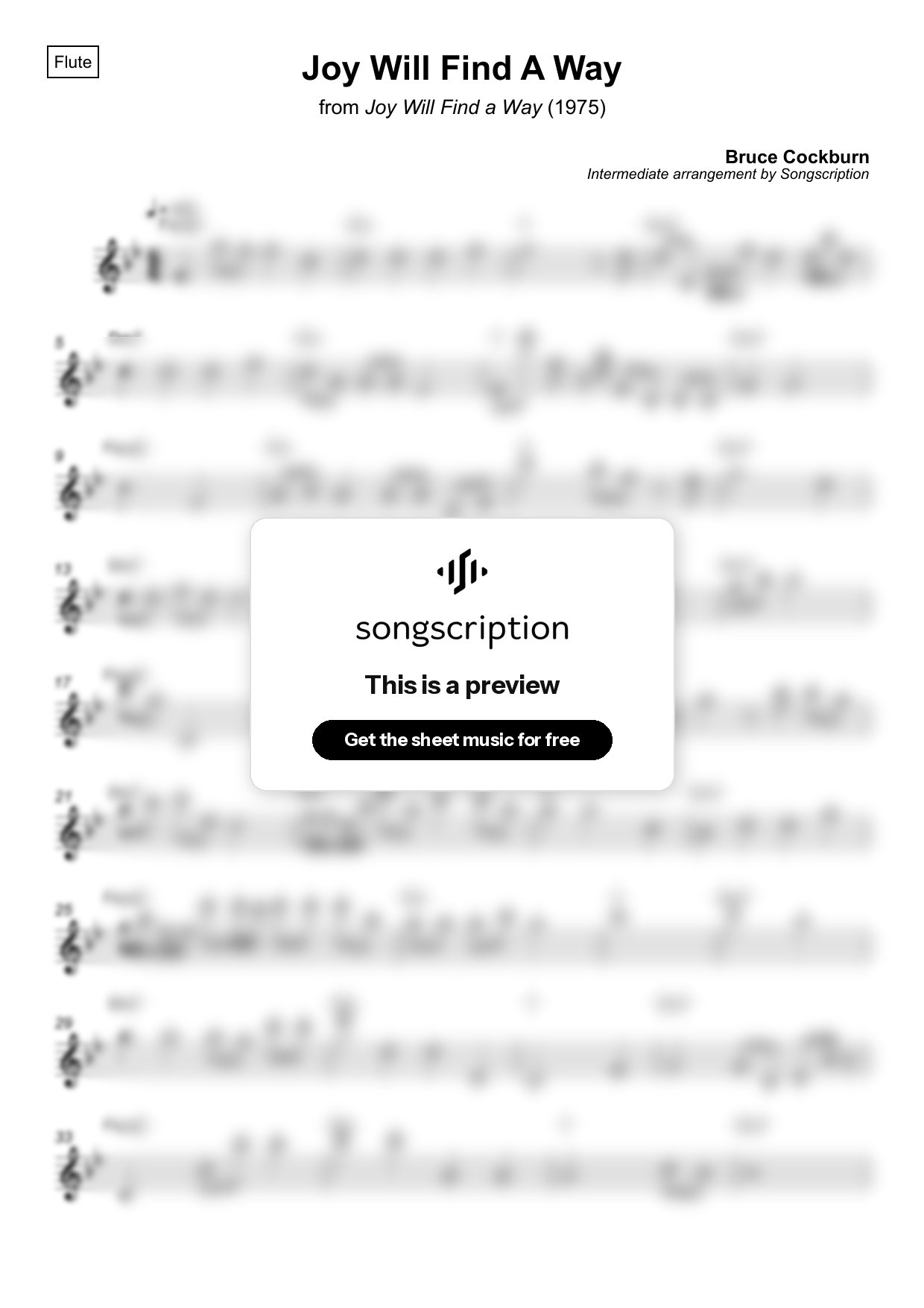 Intermediate Flute Sheet Music for "Joy Will Find A Way" by Bruce Cockburn