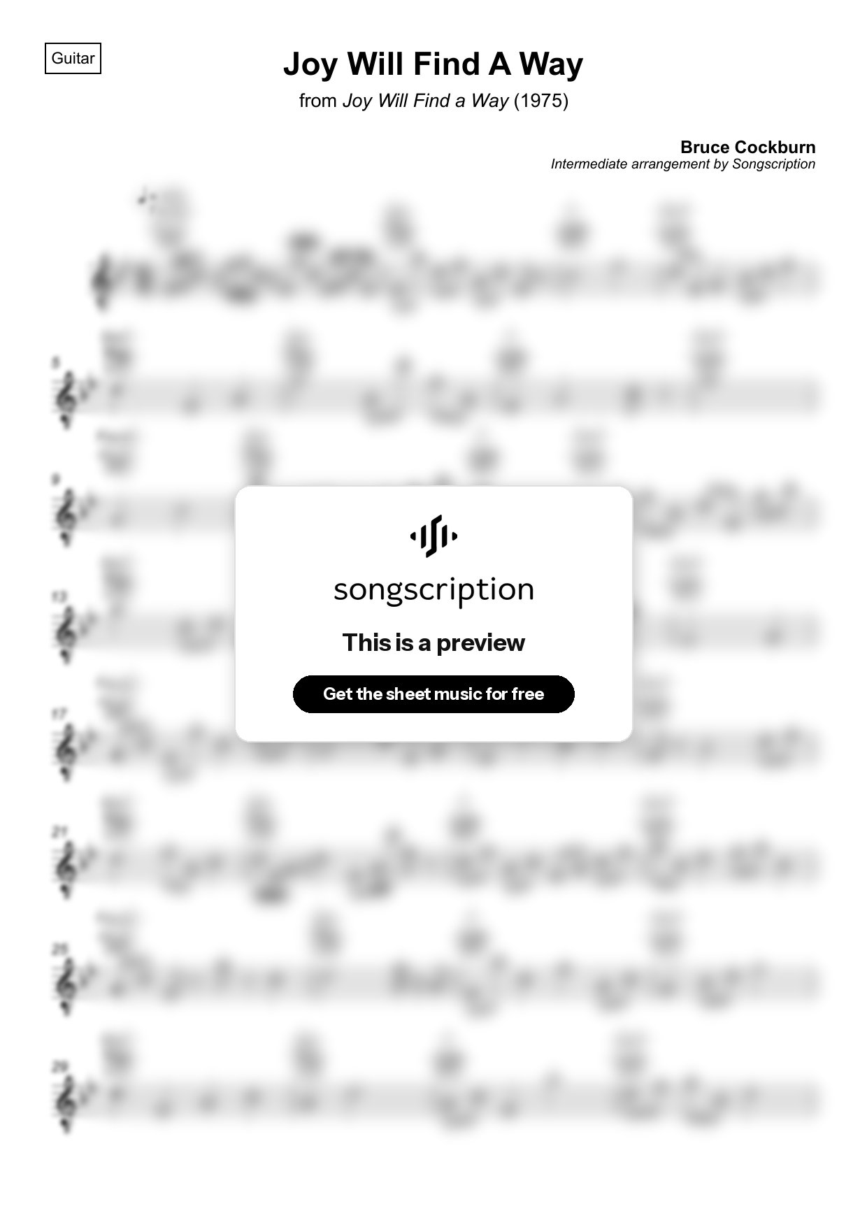 Intermediate Acoustic Guitar Sheet Music for "Joy Will Find A Way" by Bruce Cockburn