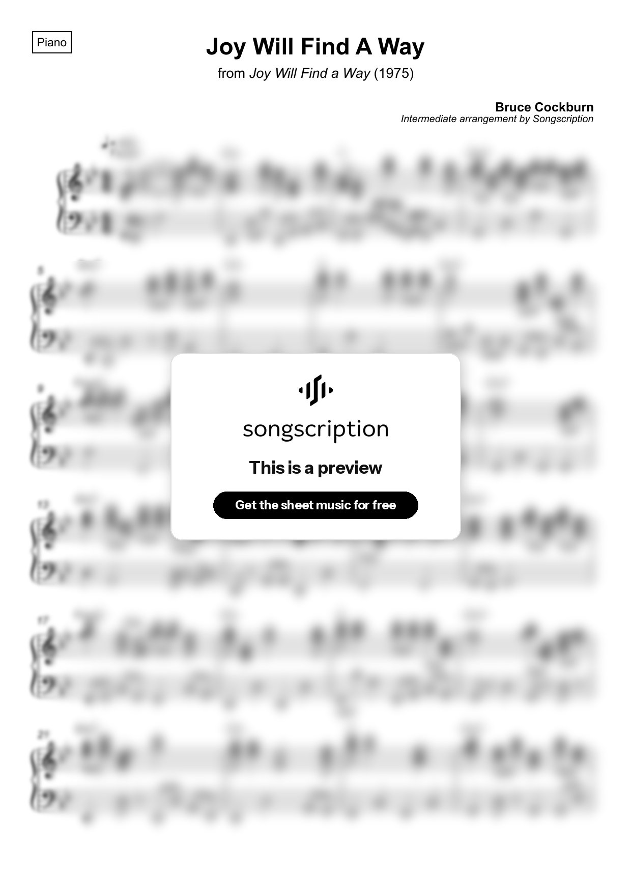 Intermediate Piano Sheet Music for "Joy Will Find A Way" by Bruce Cockburn