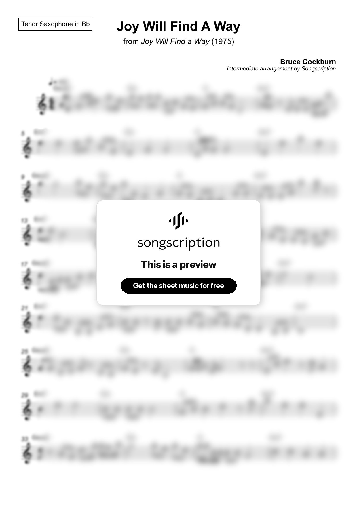 Intermediate Tenor Sax Sheet Music for "Joy Will Find A Way" by Bruce Cockburn