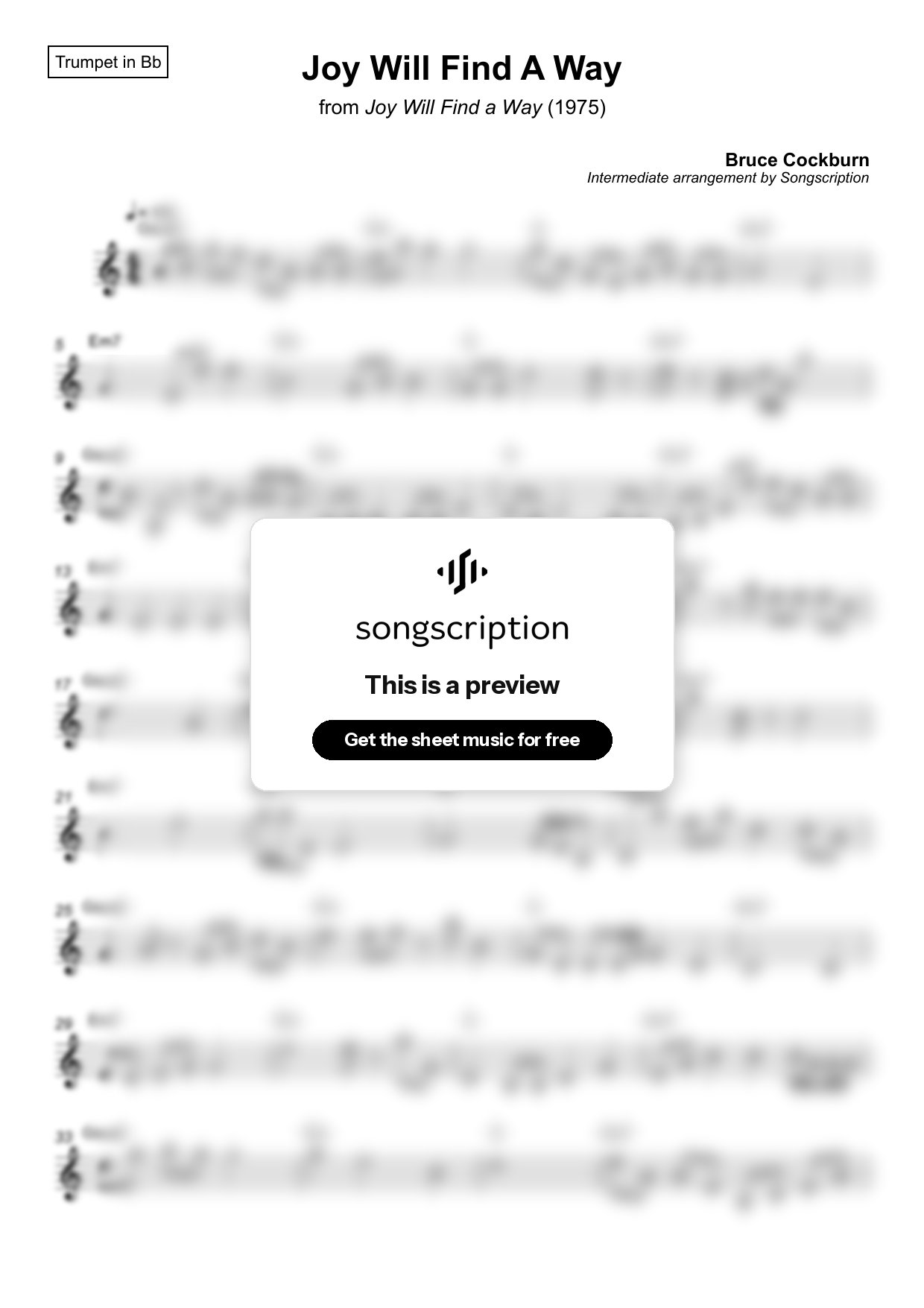 Intermediate Trumpet Sheet Music for "Joy Will Find A Way" by Bruce Cockburn