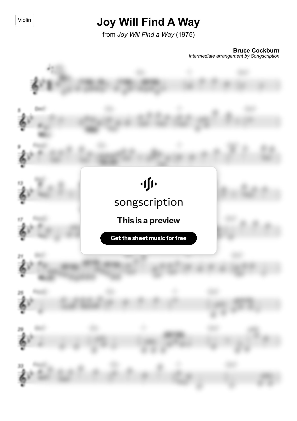 Intermediate Violin Sheet Music for "Joy Will Find A Way" by Bruce Cockburn