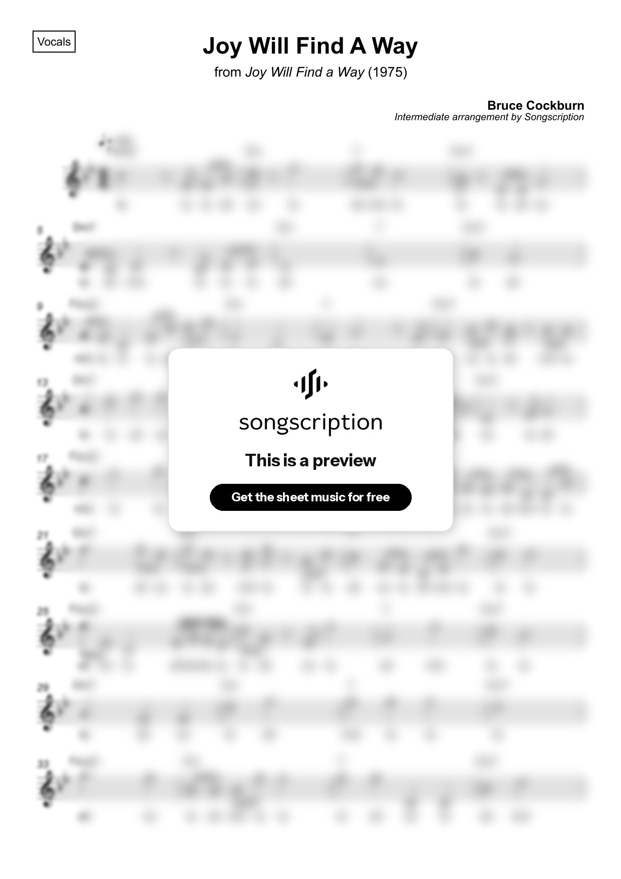 Intermediate Vocals Sheet Music for "Joy Will Find A Way" by Bruce Cockburn
