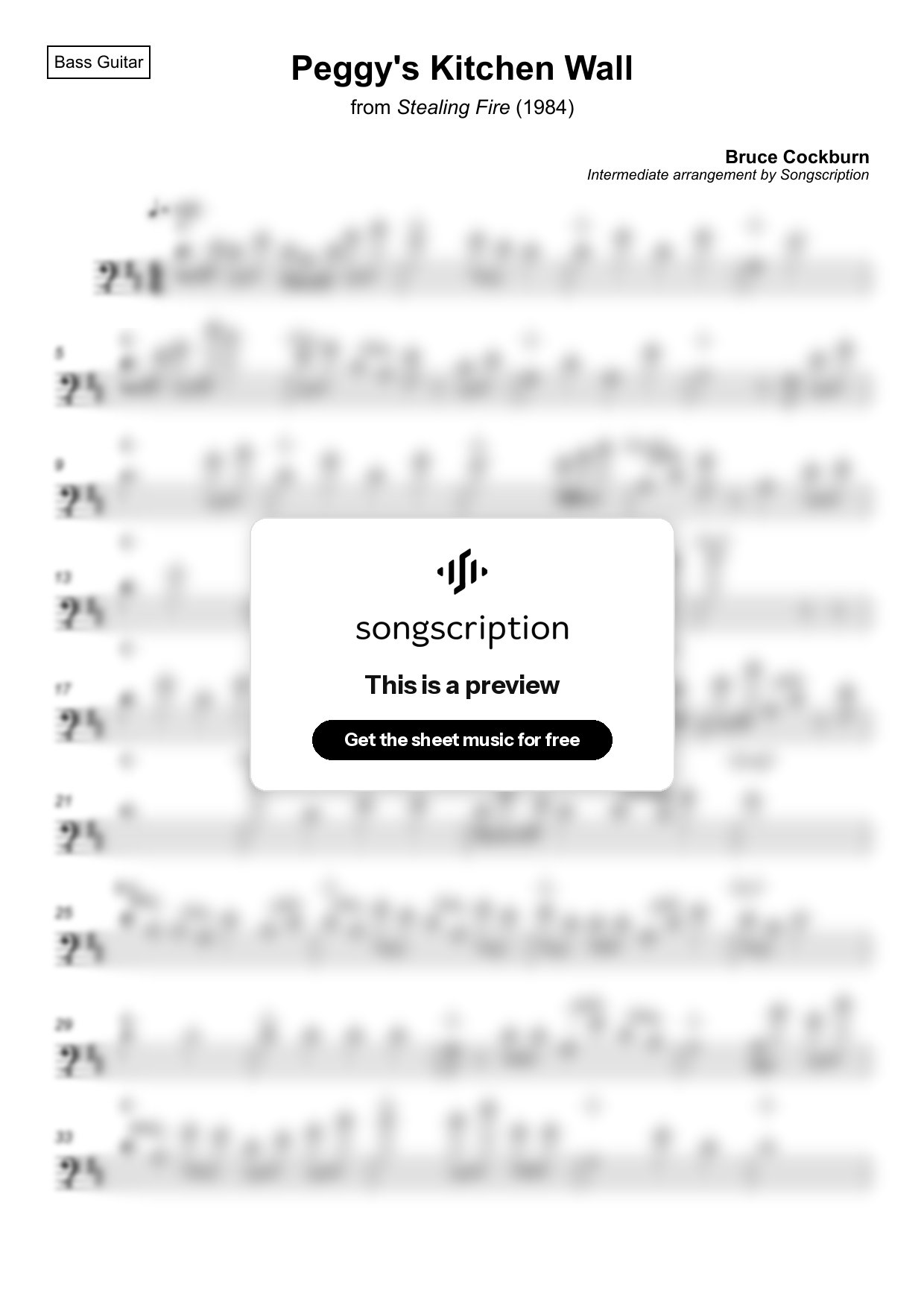 Intermediate Bass Guitar Sheet Music for "Peggy's Kitchen Wall" by Bruce Cockburn