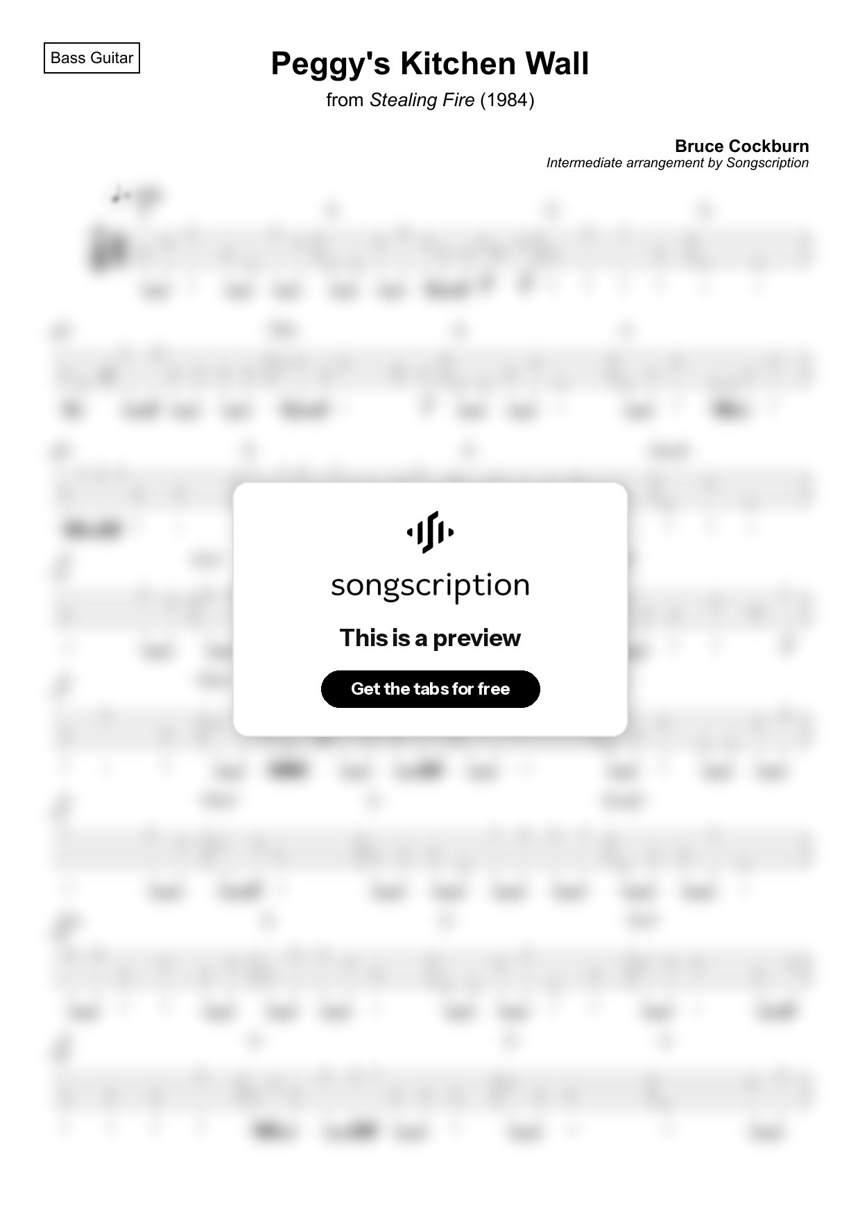 Intermediate Bass Guitar Tabs for "Peggy's Kitchen Wall" by Bruce Cockburn