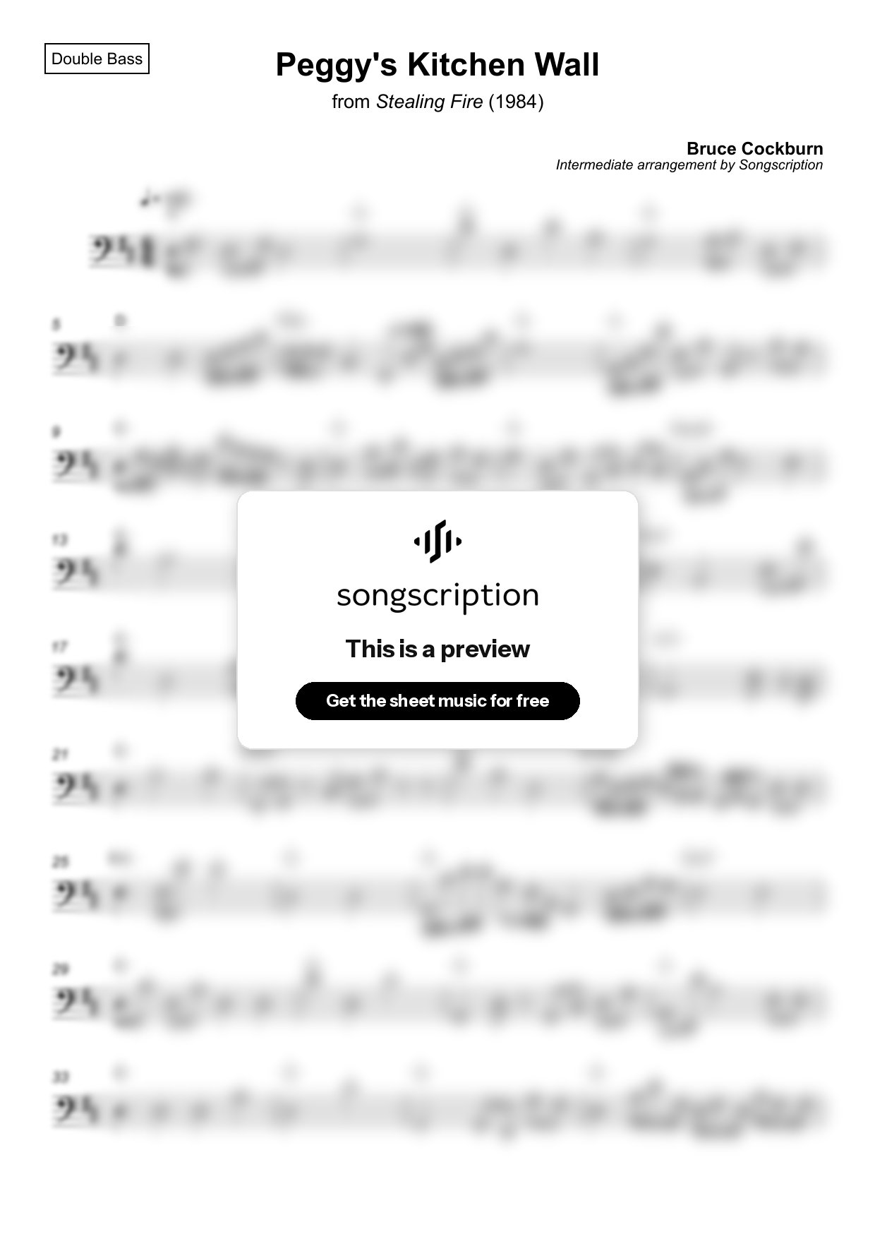 Intermediate Double Bass Sheet Music for "Peggy's Kitchen Wall" by Bruce Cockburn