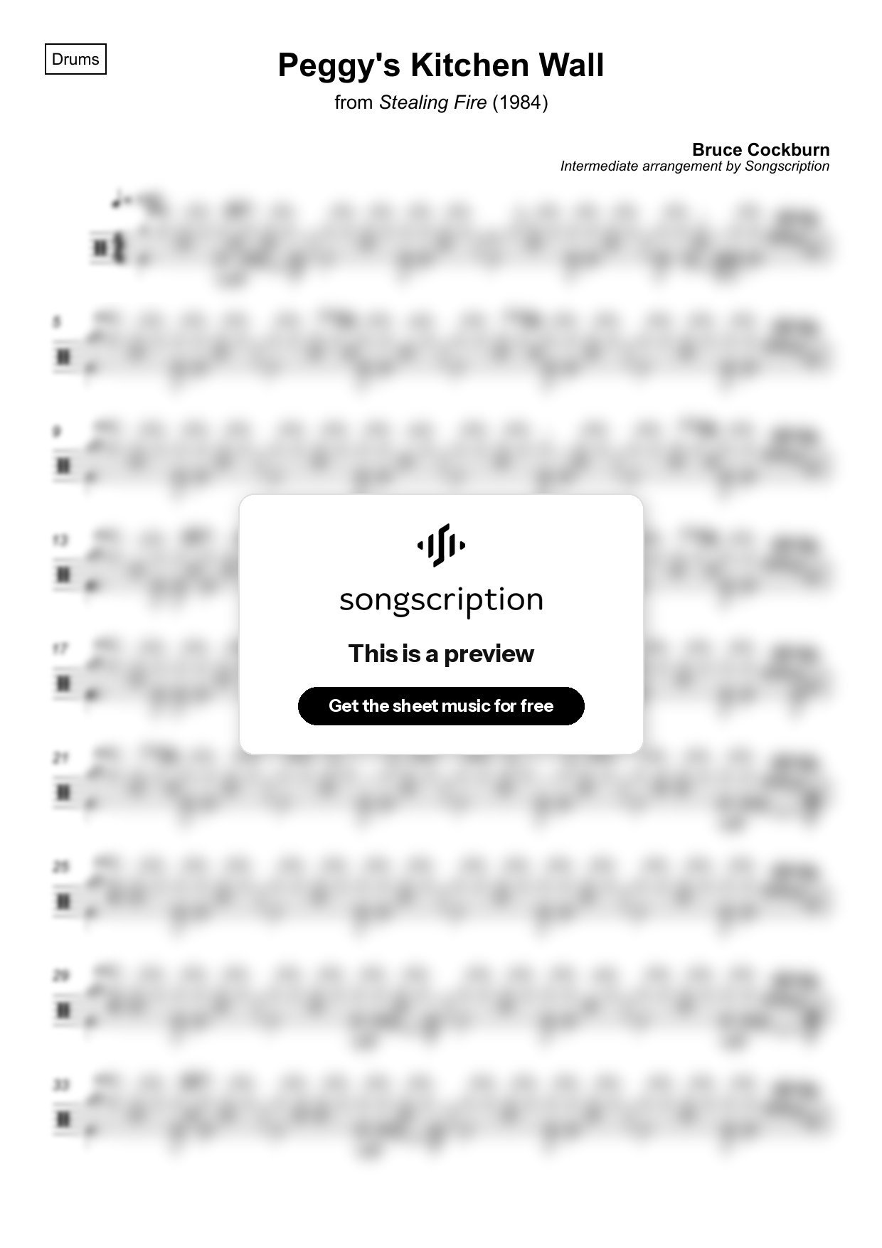 Intermediate Drums Sheet Music for "Peggy's Kitchen Wall" by Bruce Cockburn