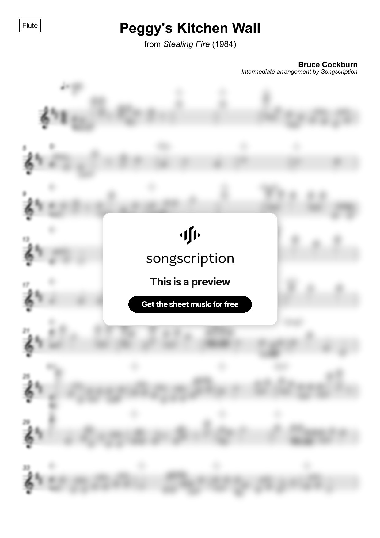 Intermediate Flute Sheet Music for "Peggy's Kitchen Wall" by Bruce Cockburn