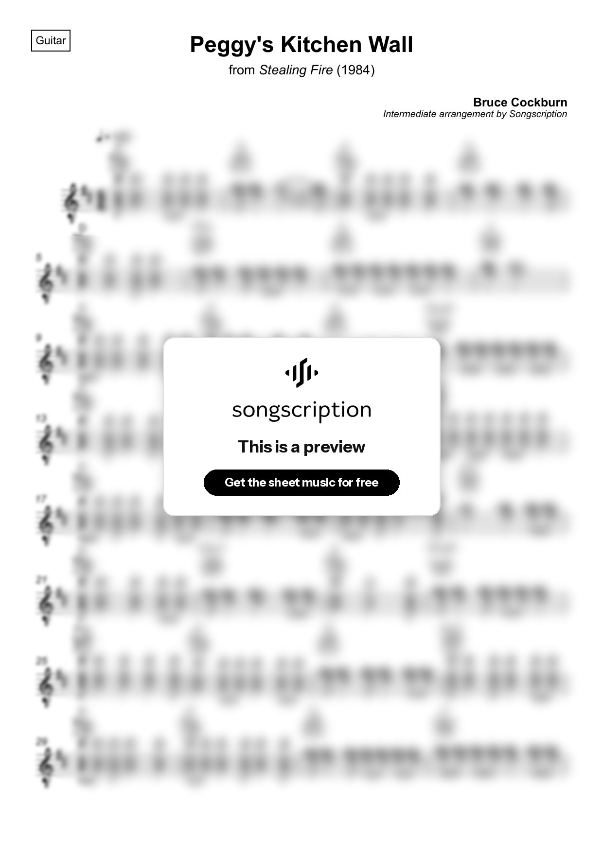 Intermediate Acoustic Guitar Sheet Music for "Peggy's Kitchen Wall" by Bruce Cockburn