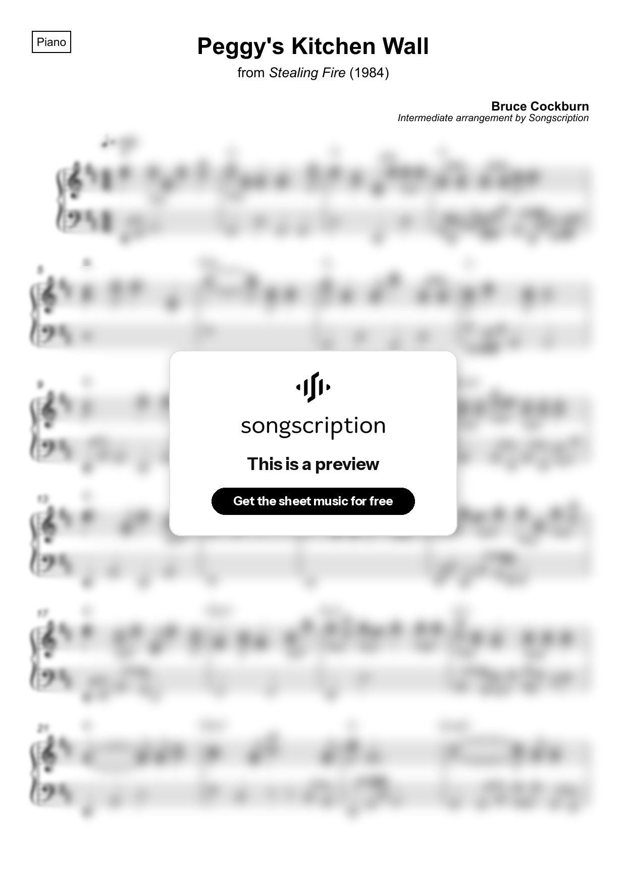 Intermediate Piano Sheet Music for "Peggy's Kitchen Wall" by Bruce Cockburn