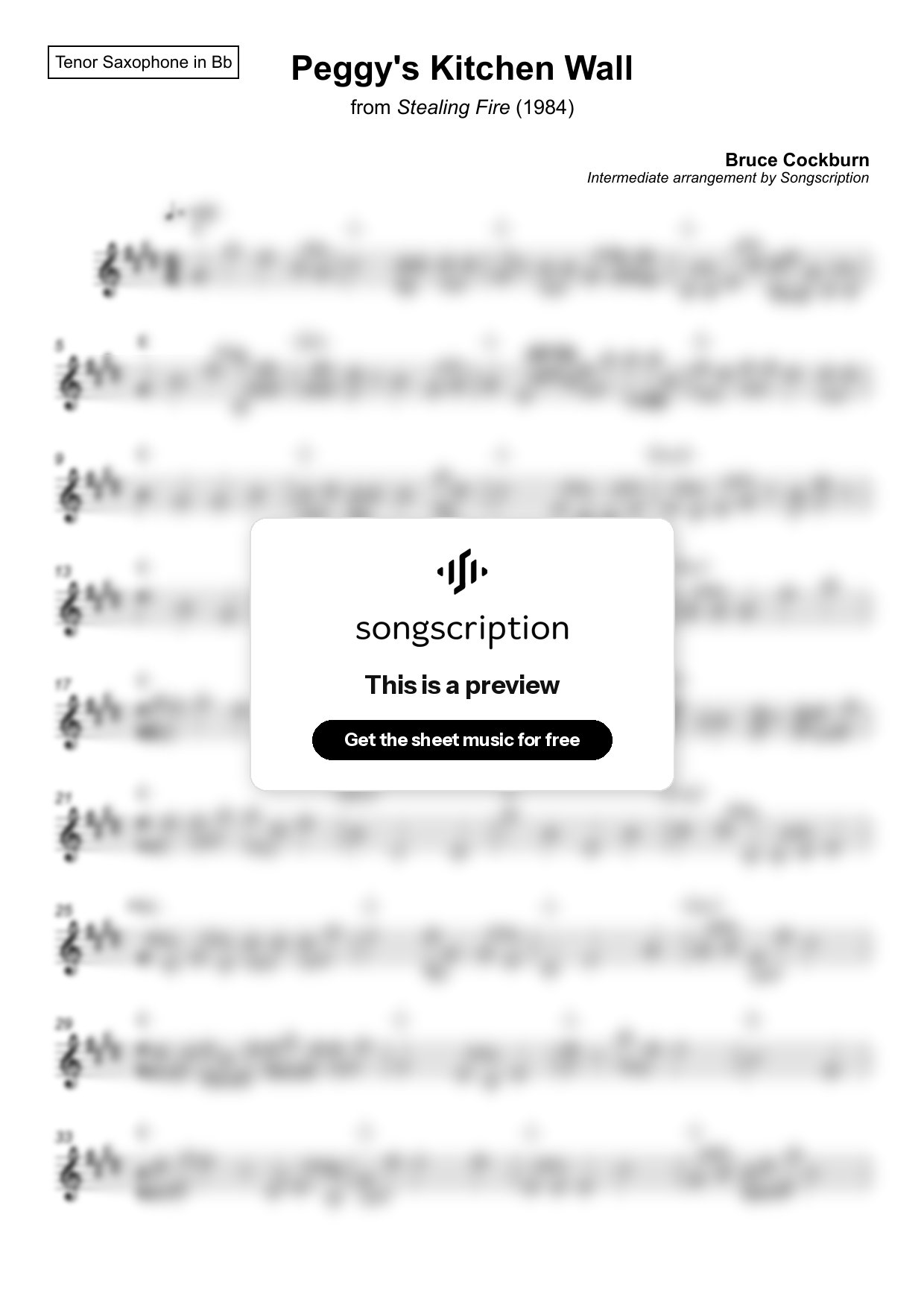 Intermediate Tenor Sax Sheet Music for "Peggy's Kitchen Wall" by Bruce Cockburn