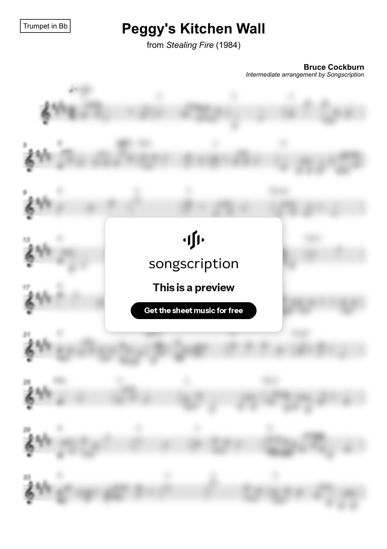 Intermediate Trumpet Sheet Music for "Peggy's Kitchen Wall" by Bruce Cockburn