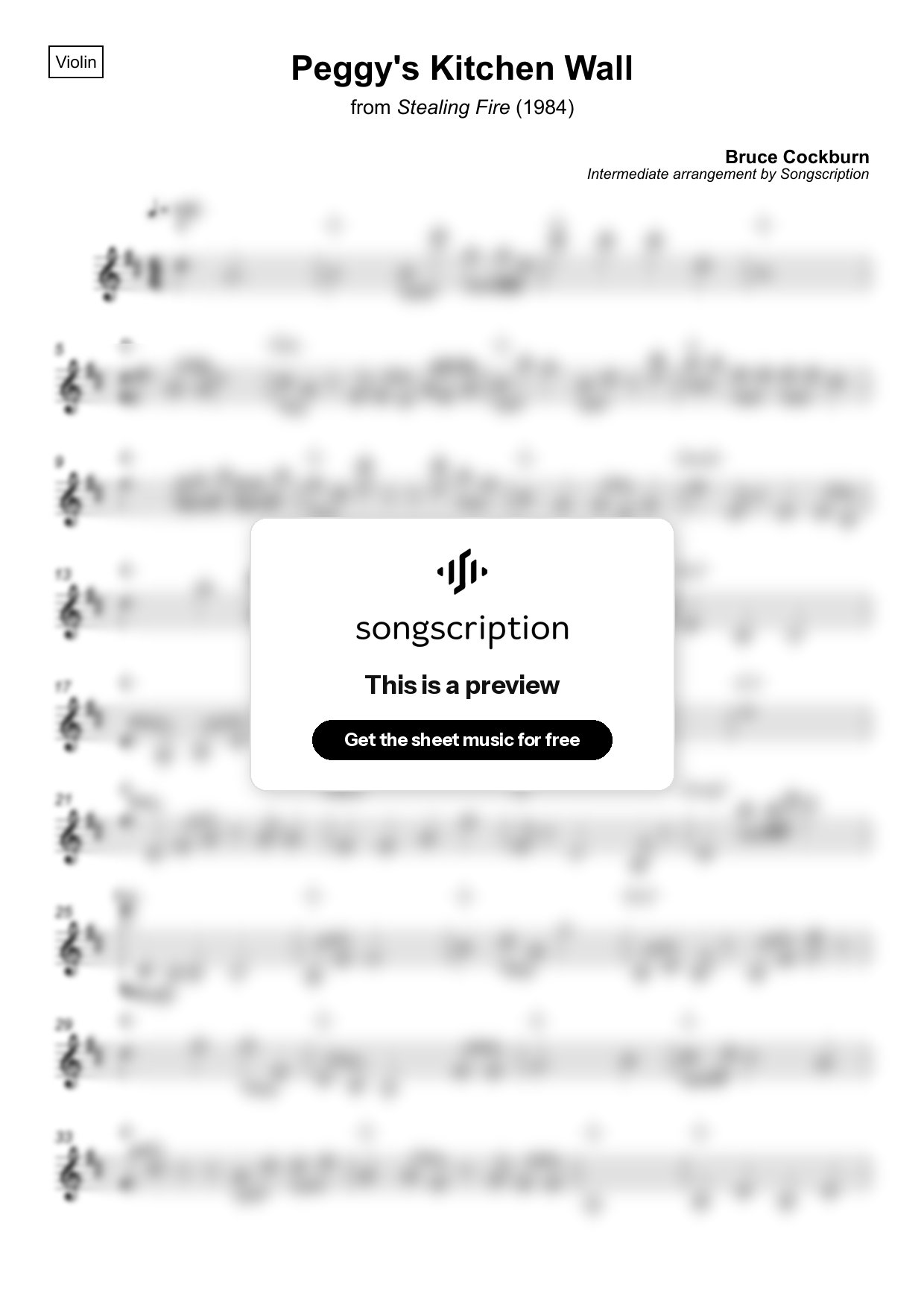 Intermediate Violin Sheet Music for "Peggy's Kitchen Wall" by Bruce Cockburn