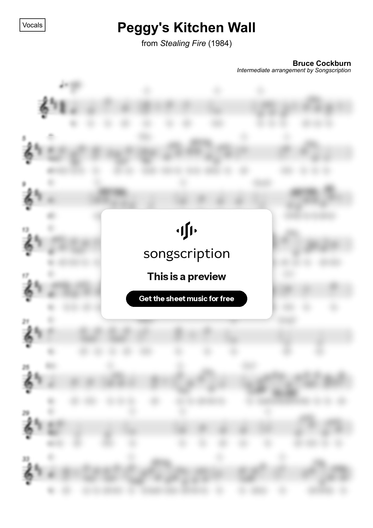 Intermediate Vocals Sheet Music for "Peggy's Kitchen Wall" by Bruce Cockburn