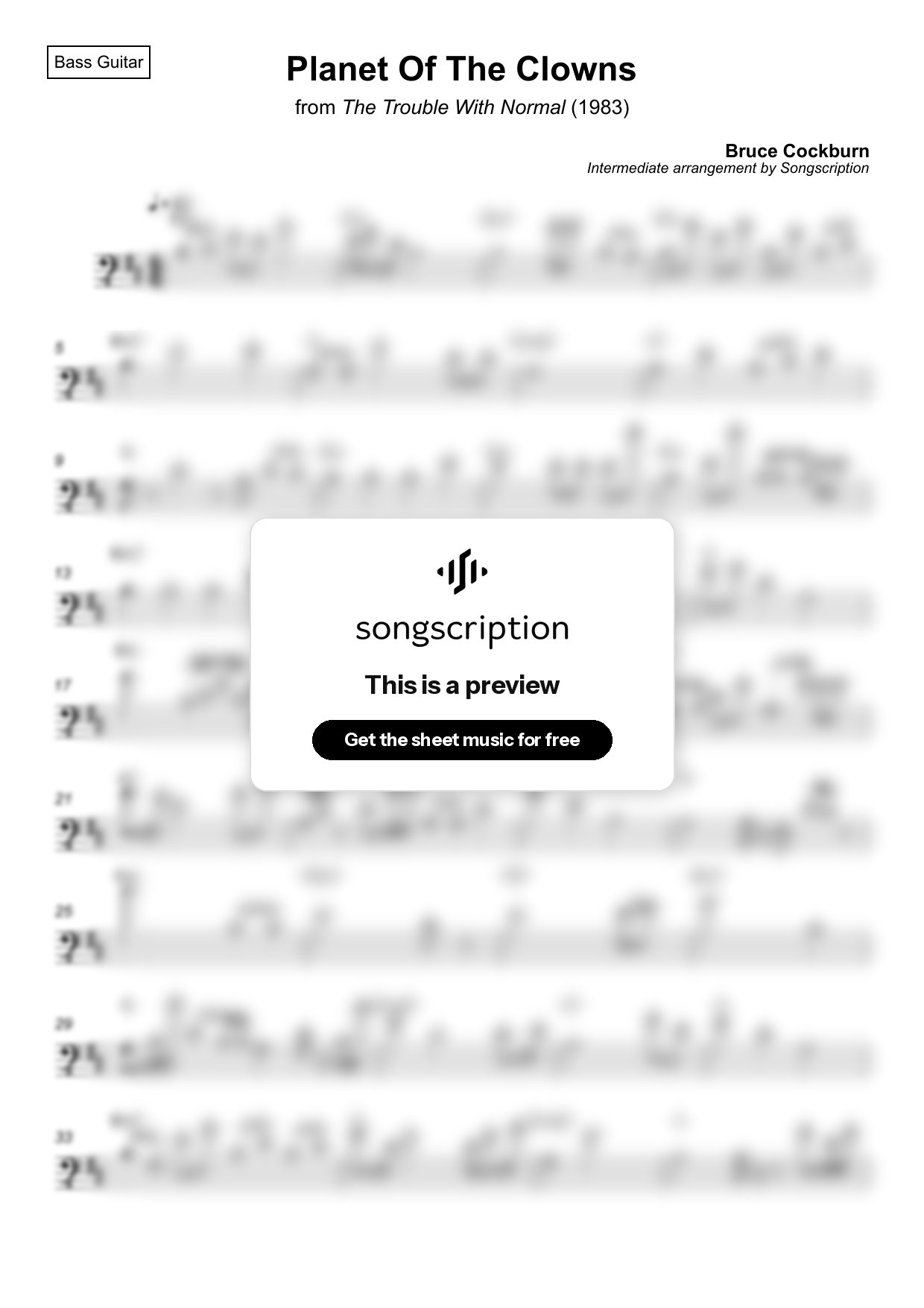 Intermediate Bass Guitar Sheet Music for "Planet Of The Clowns" by Bruce Cockburn