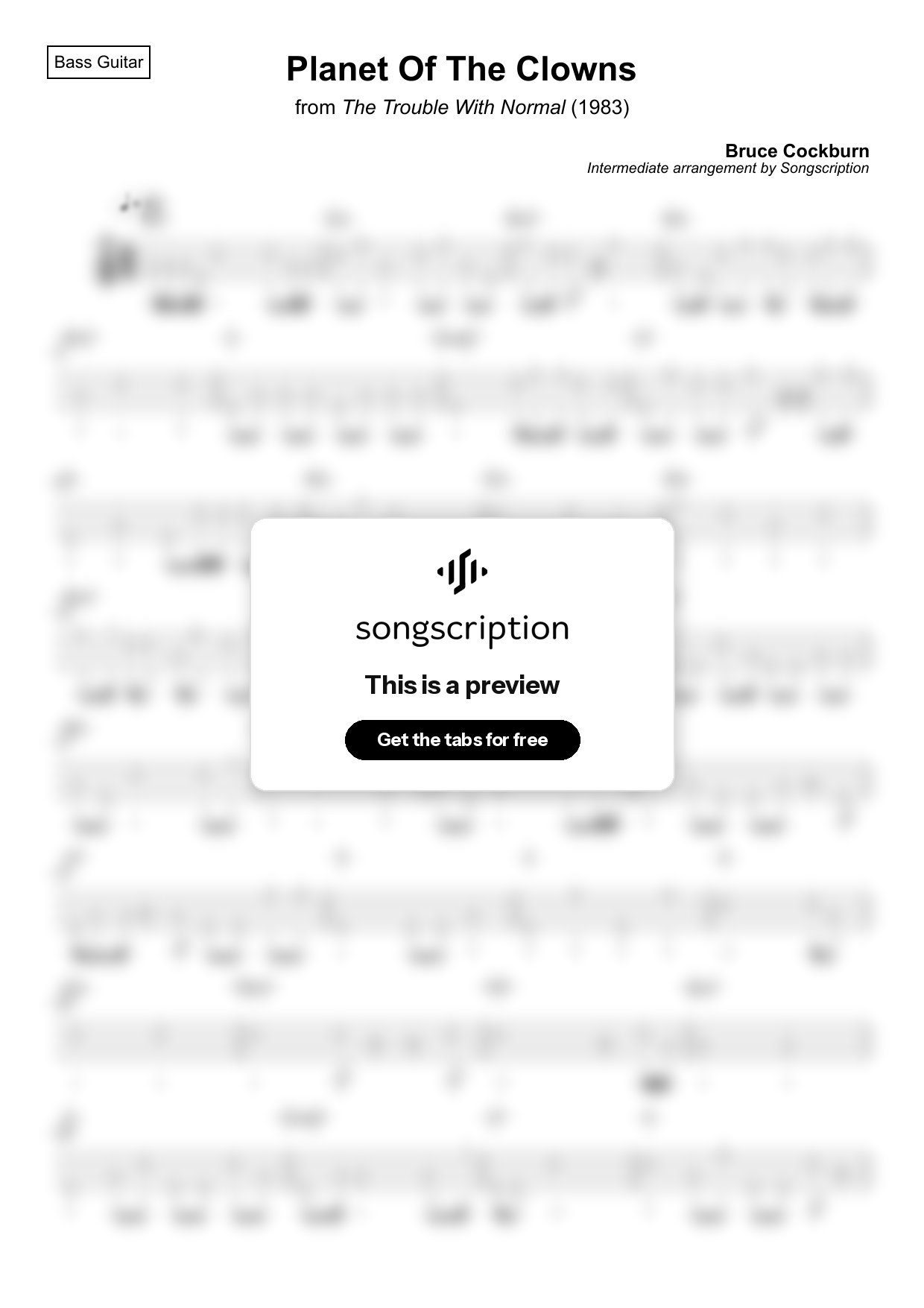 Intermediate Bass Guitar Tabs for "Planet Of The Clowns" by Bruce Cockburn