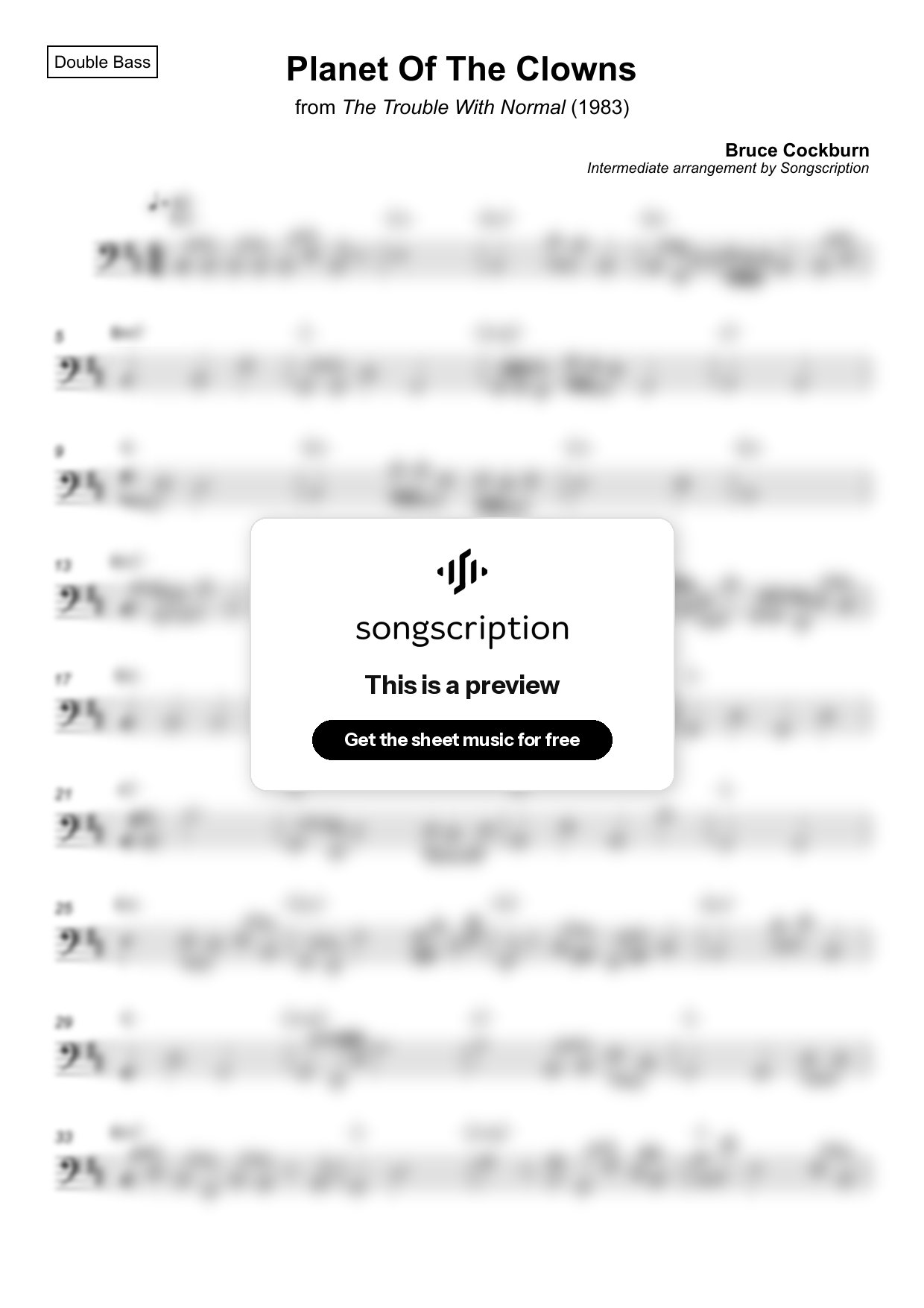 Intermediate Double Bass Sheet Music for "Planet Of The Clowns" by Bruce Cockburn