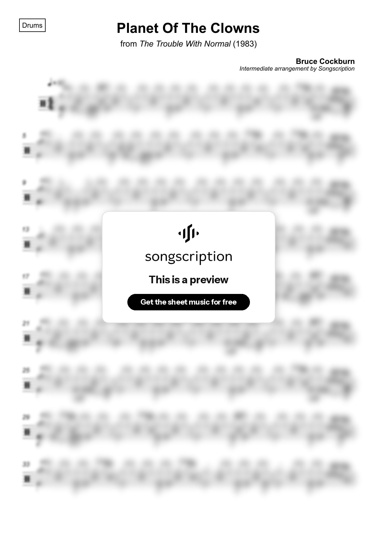 Intermediate Drums Sheet Music for "Planet Of The Clowns" by Bruce Cockburn