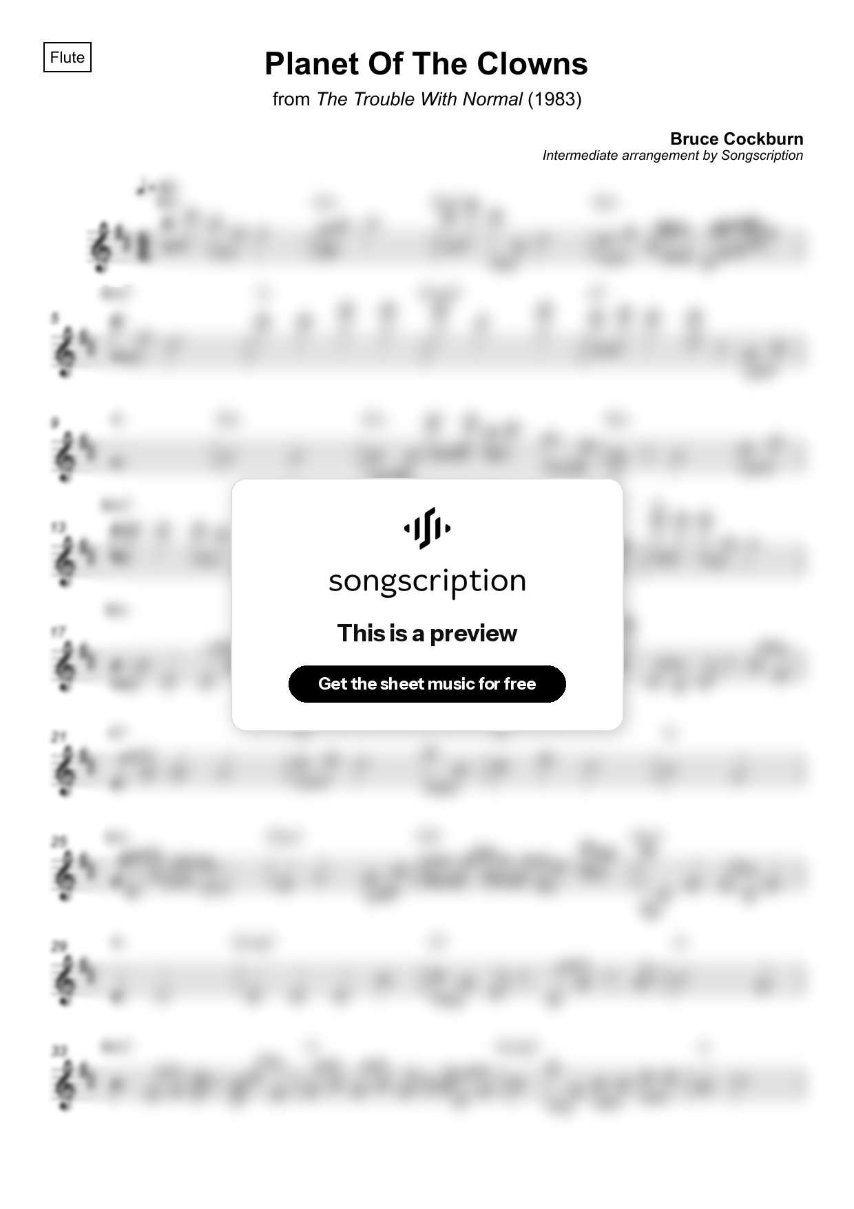 Intermediate Flute Sheet Music for "Planet Of The Clowns" by Bruce Cockburn