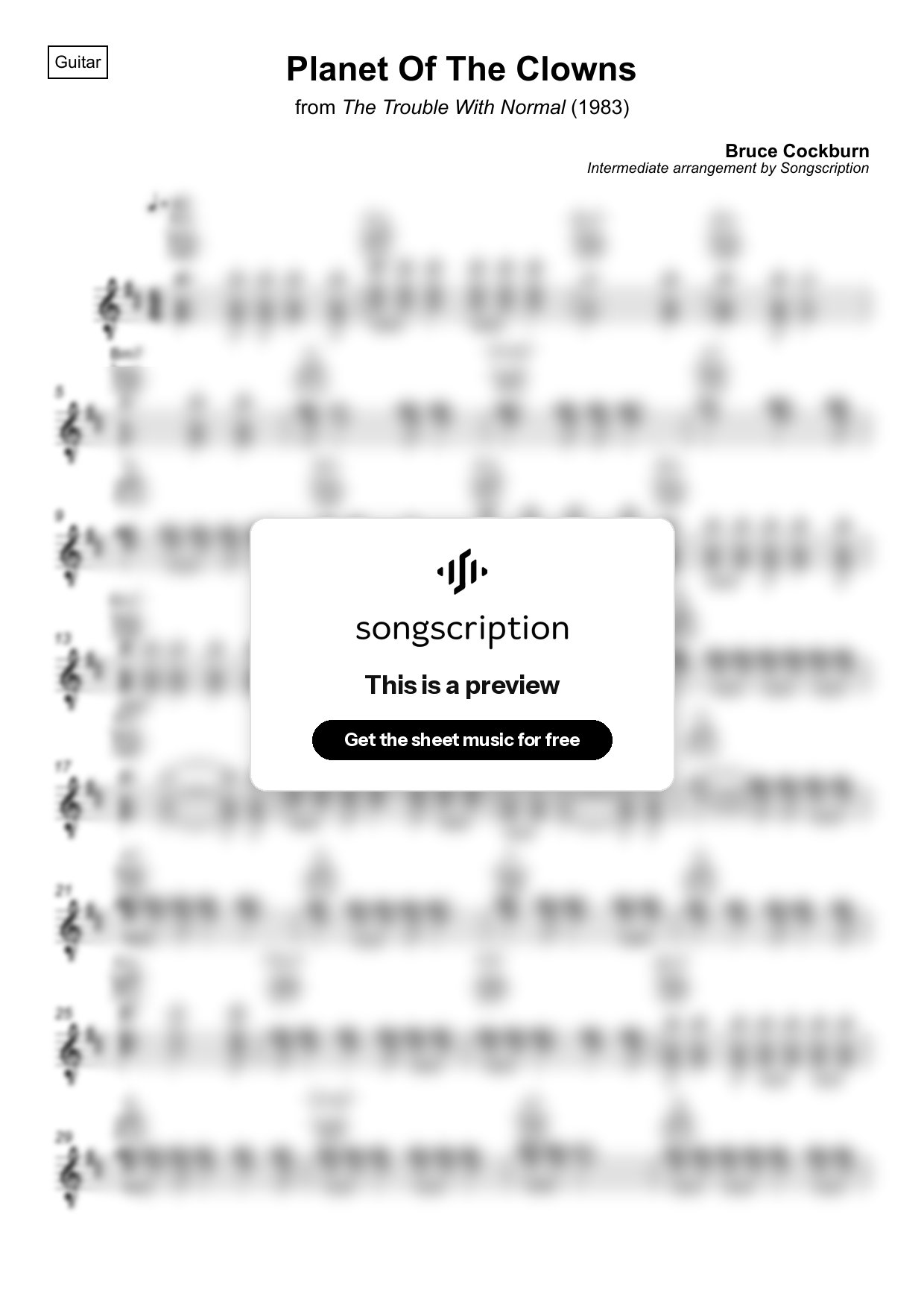 Intermediate Acoustic Guitar Sheet Music for "Planet Of The Clowns" by Bruce Cockburn