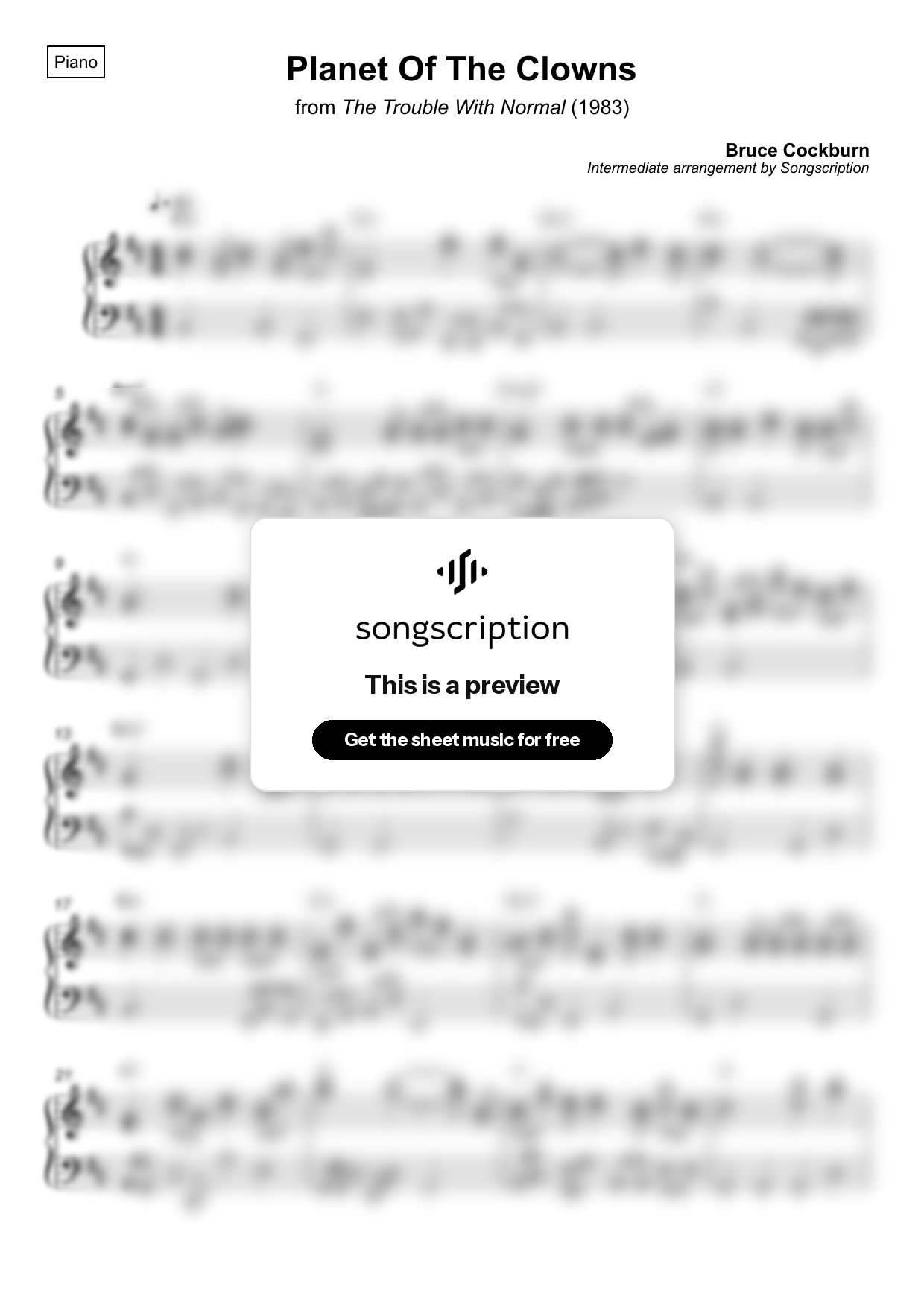 Intermediate Piano Sheet Music for "Planet Of The Clowns" by Bruce Cockburn