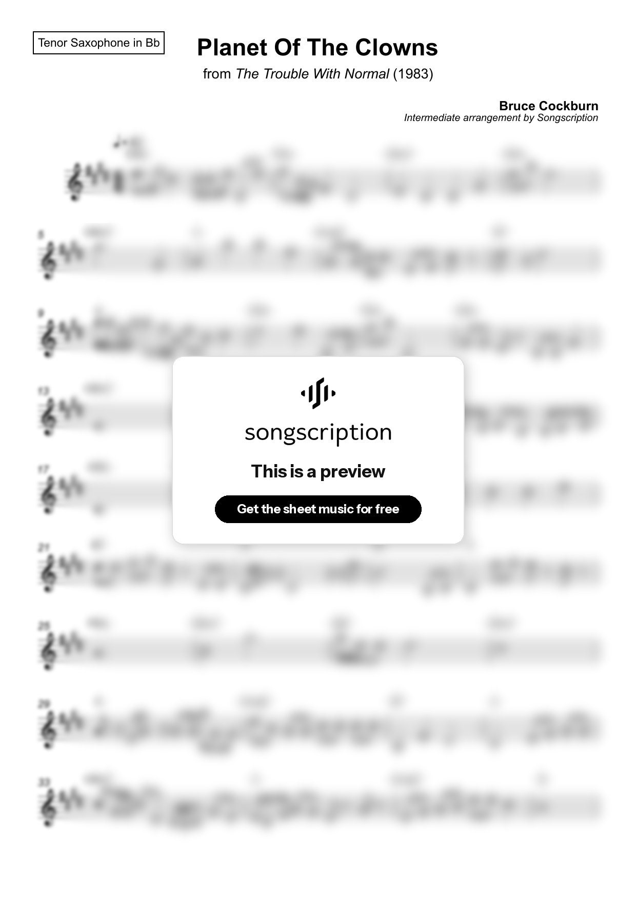 Intermediate Tenor Sax Sheet Music for "Planet Of The Clowns" by Bruce Cockburn