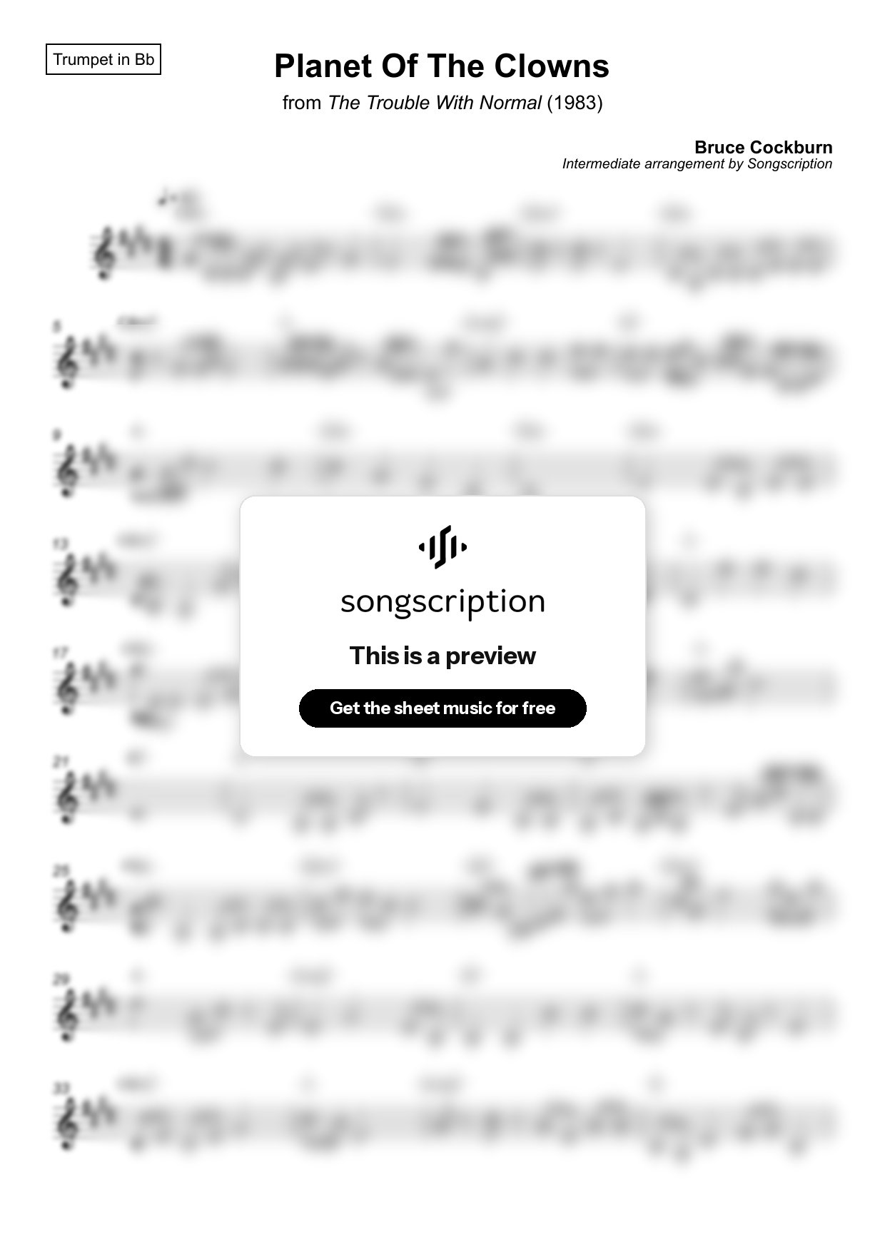 Intermediate Trumpet Sheet Music for "Planet Of The Clowns" by Bruce Cockburn