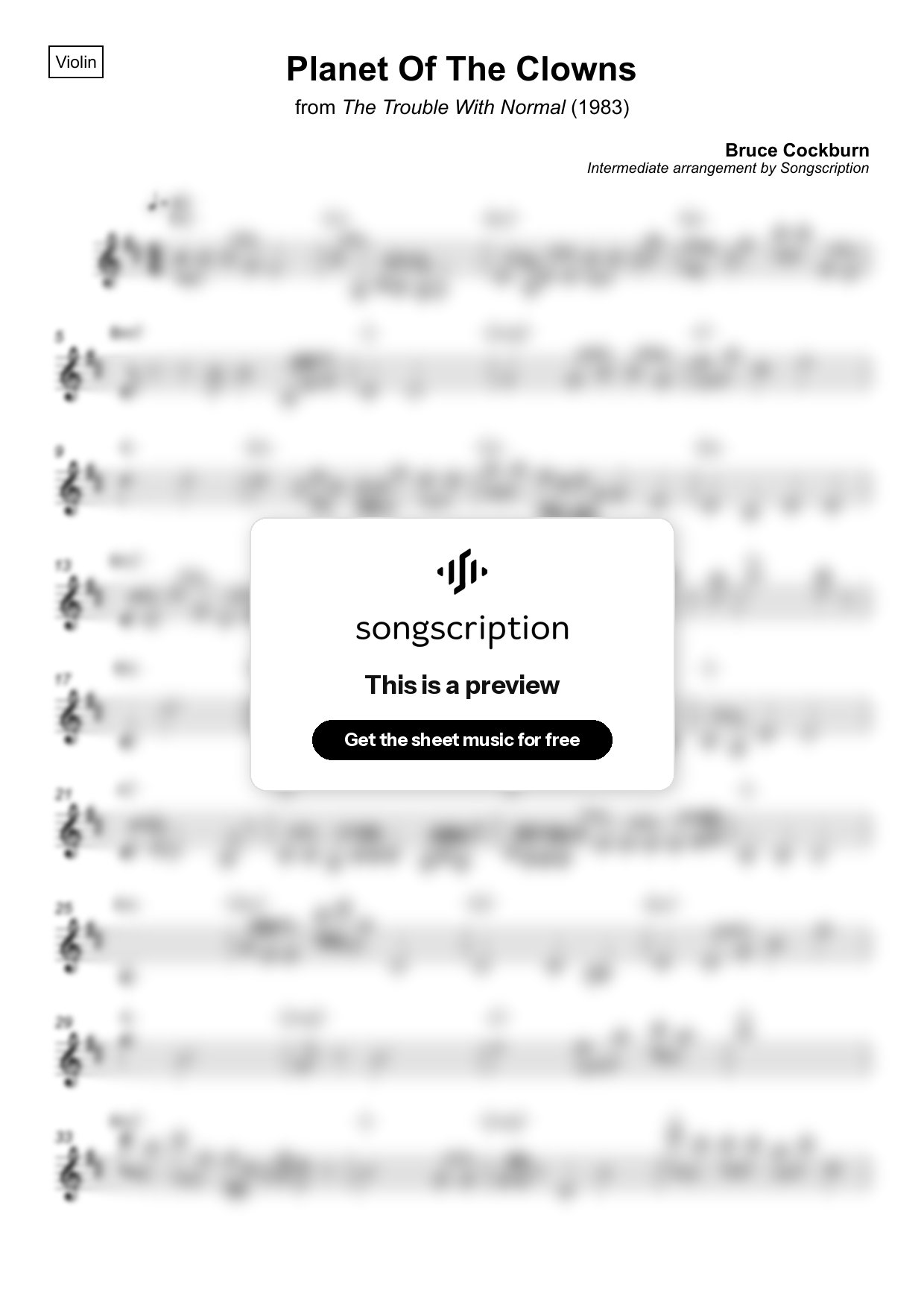 Intermediate Violin Sheet Music for "Planet Of The Clowns" by Bruce Cockburn