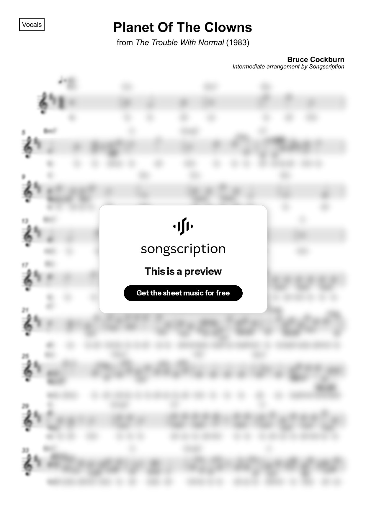 Intermediate Vocals Sheet Music for "Planet Of The Clowns" by Bruce Cockburn