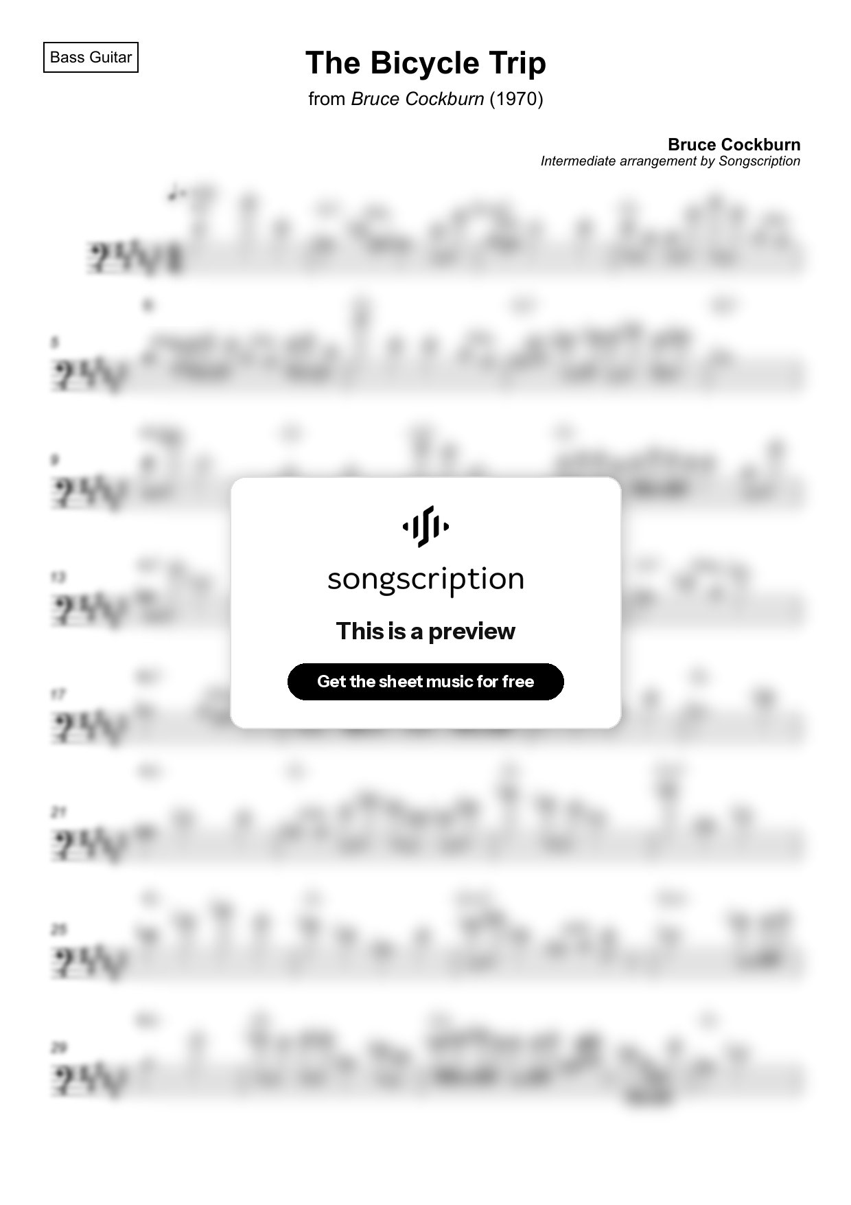 Intermediate Bass Guitar Sheet Music for "The Bicycle Trip" by Bruce Cockburn