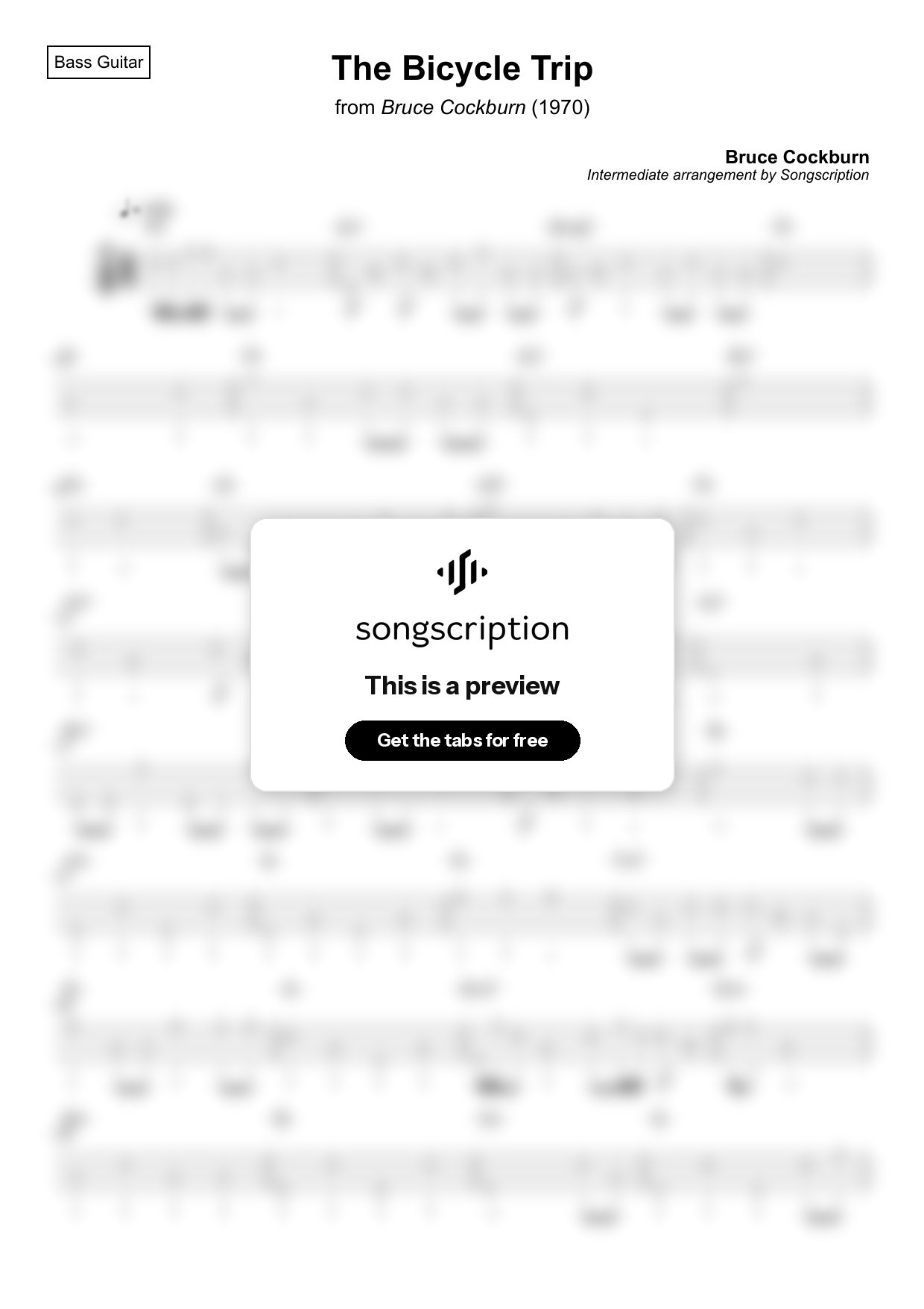 Intermediate Bass Guitar Tabs for "The Bicycle Trip" by Bruce Cockburn