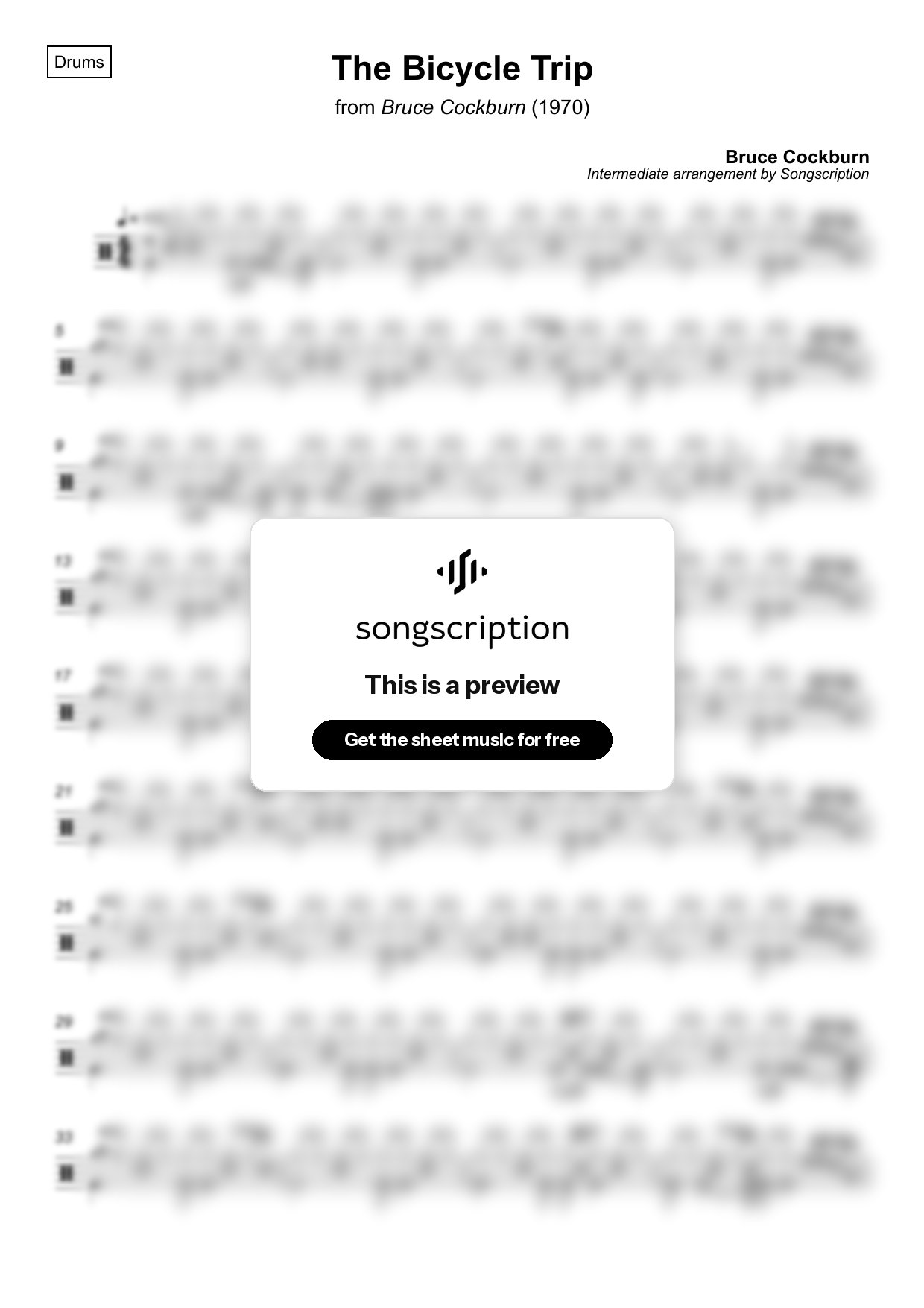 Intermediate Drums Sheet Music for "The Bicycle Trip" by Bruce Cockburn