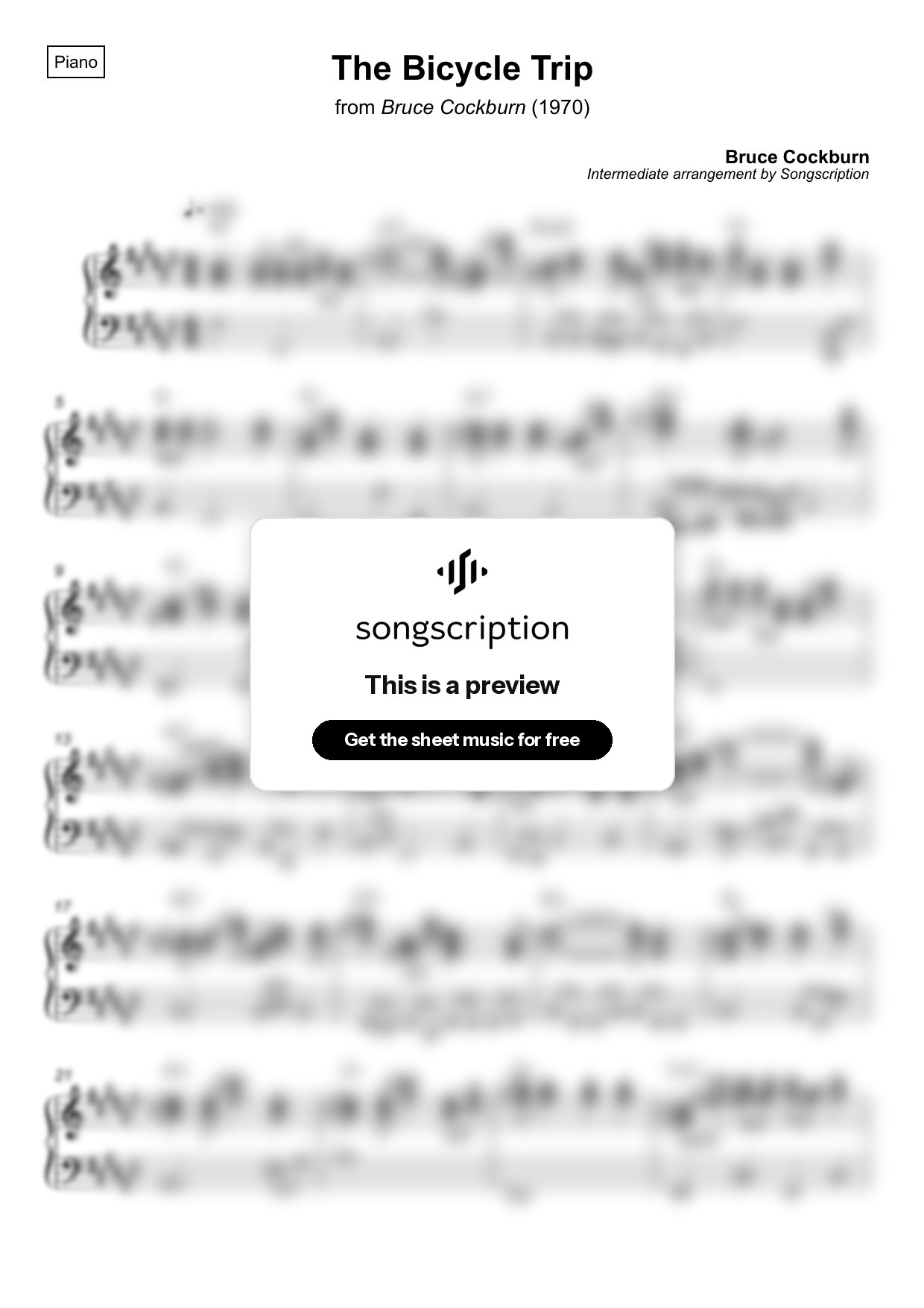 Intermediate Piano Sheet Music for "The Bicycle Trip" by Bruce Cockburn
