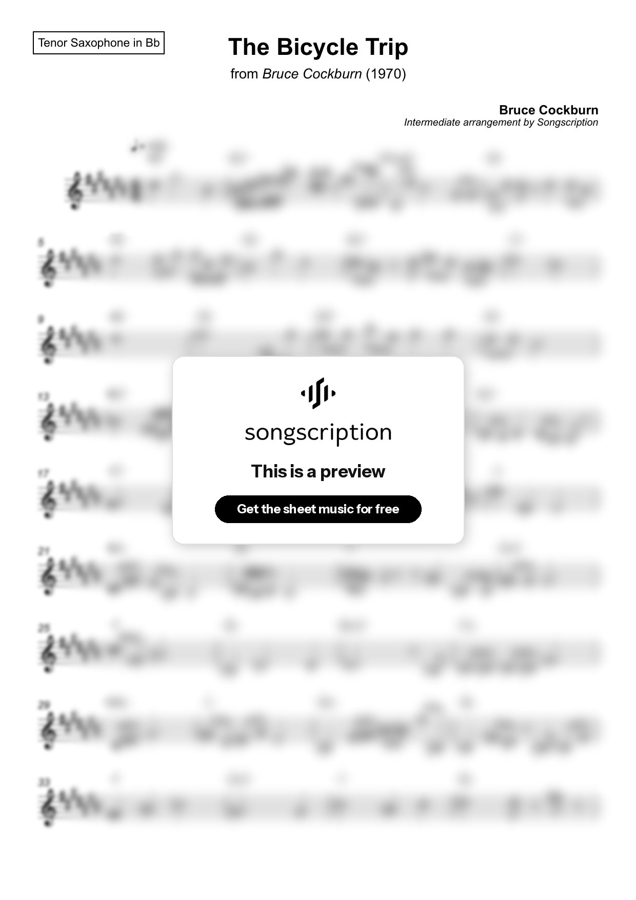 Intermediate Tenor Sax Sheet Music for "The Bicycle Trip" by Bruce Cockburn