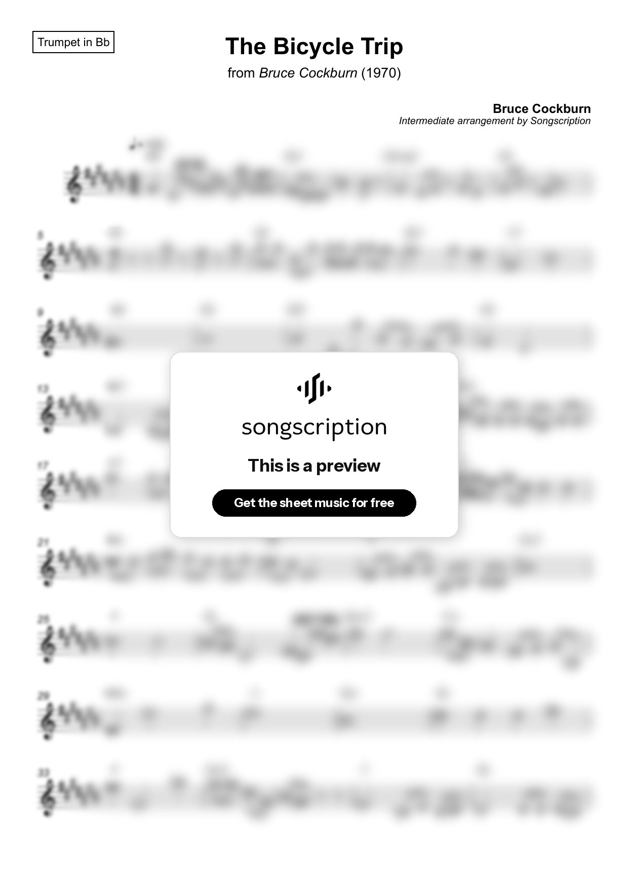 Intermediate Trumpet Sheet Music for "The Bicycle Trip" by Bruce Cockburn