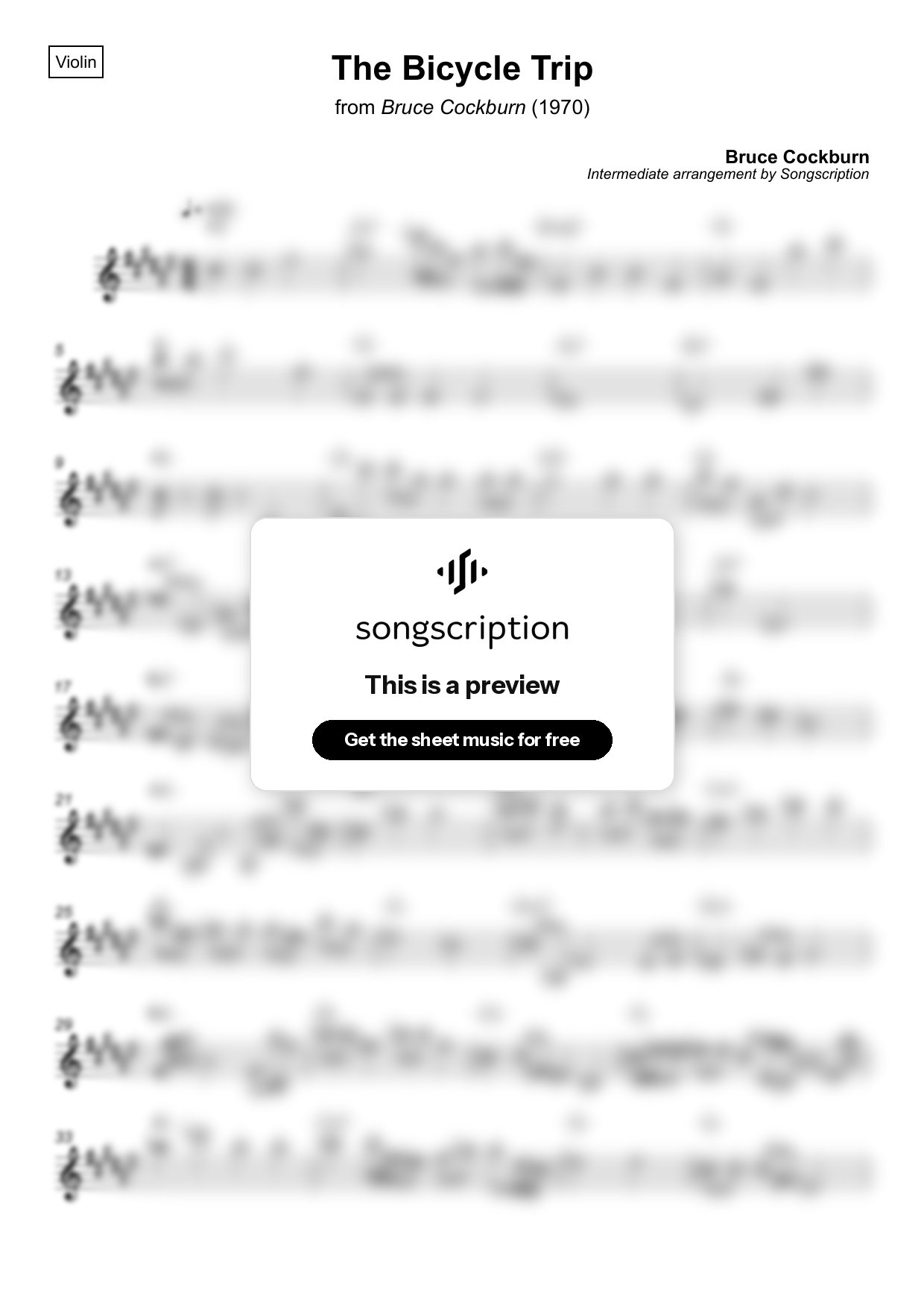 Intermediate Violin Sheet Music for "The Bicycle Trip" by Bruce Cockburn