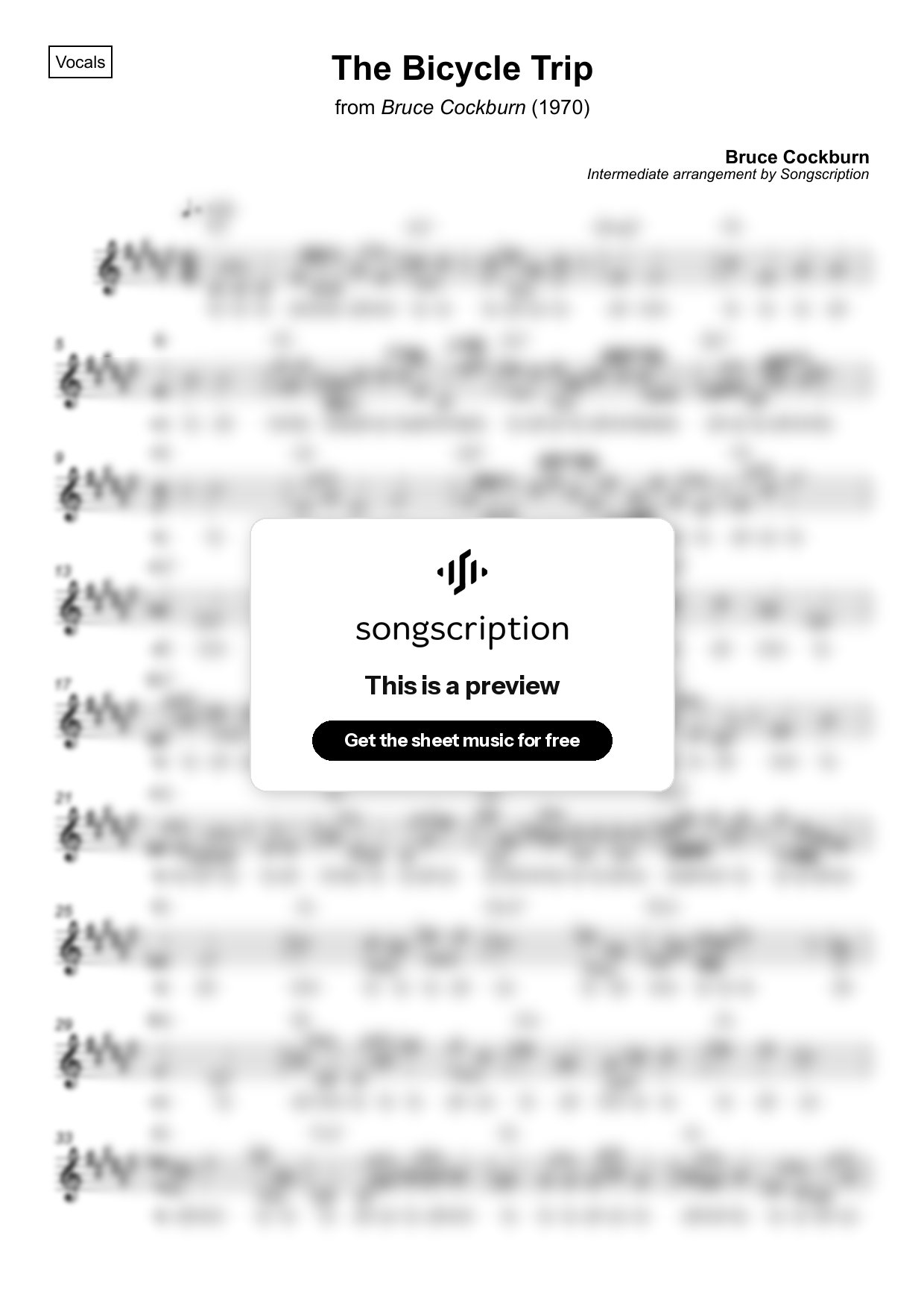 Intermediate Vocals Sheet Music for "The Bicycle Trip" by Bruce Cockburn