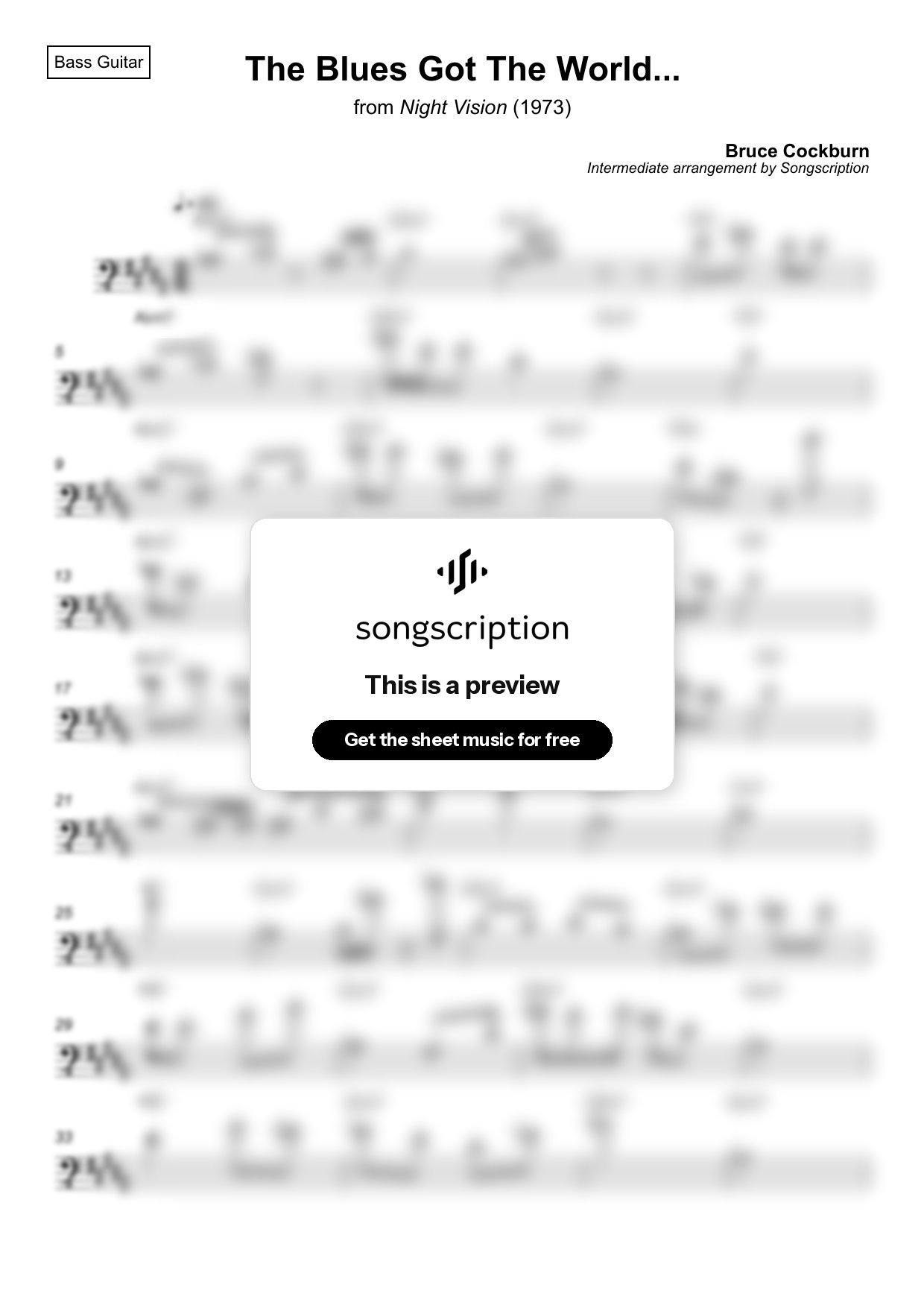 Intermediate Bass Guitar Sheet Music for "The Blues Got The World..." by Bruce Cockburn