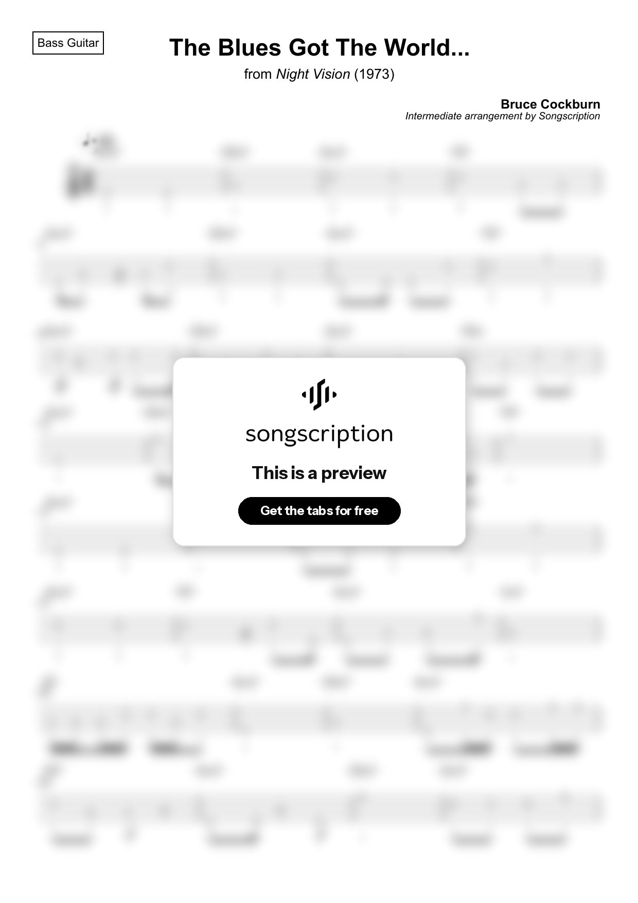 Intermediate Bass Guitar Tabs for "The Blues Got The World..." by Bruce Cockburn