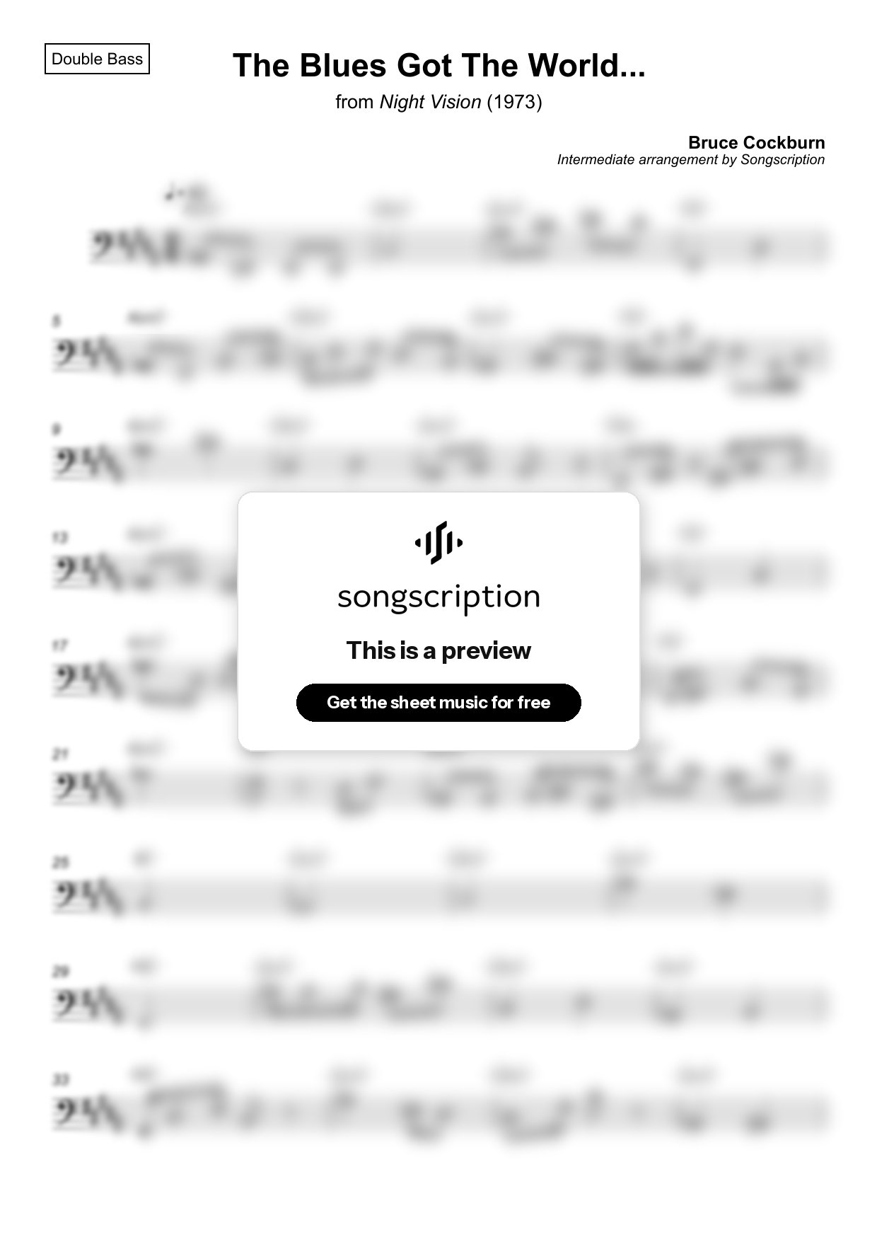 Intermediate Double Bass Sheet Music for "The Blues Got The World..." by Bruce Cockburn