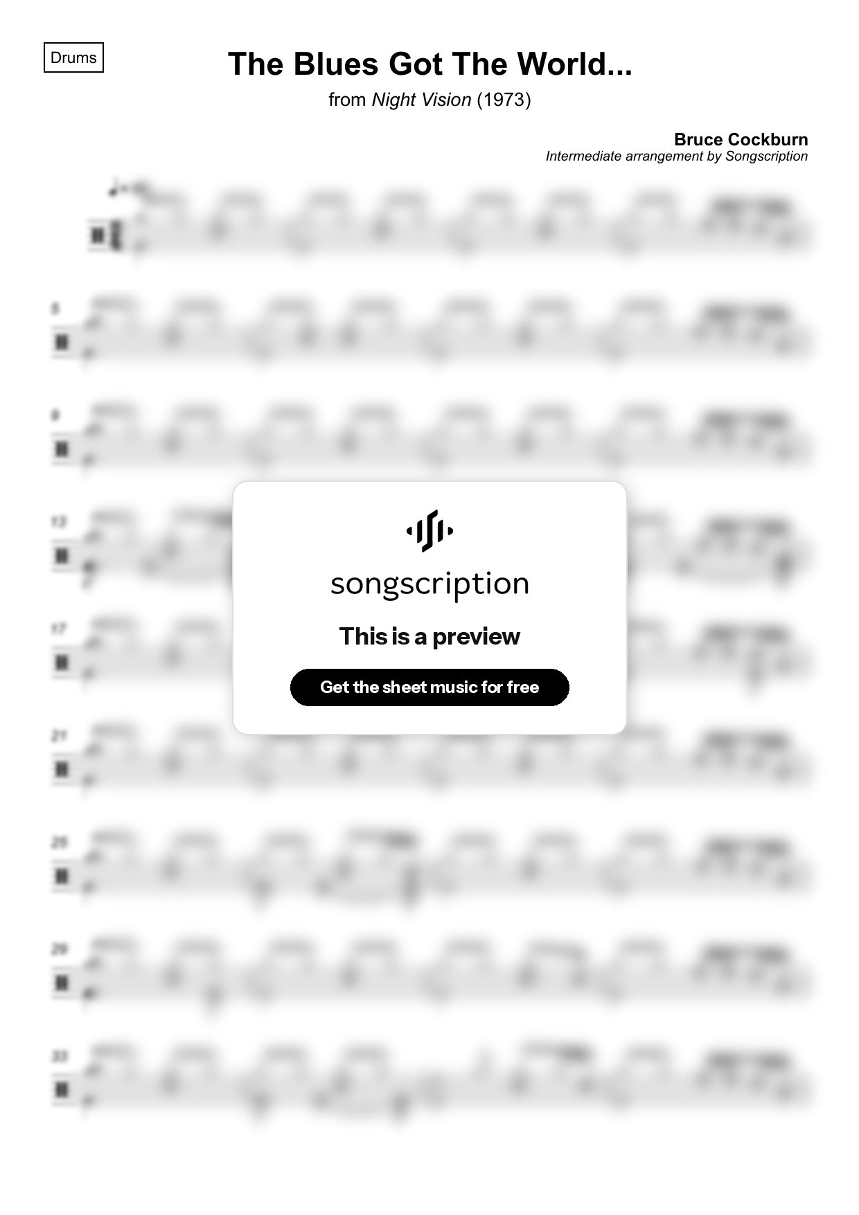 Intermediate Drums Sheet Music for "The Blues Got The World..." by Bruce Cockburn