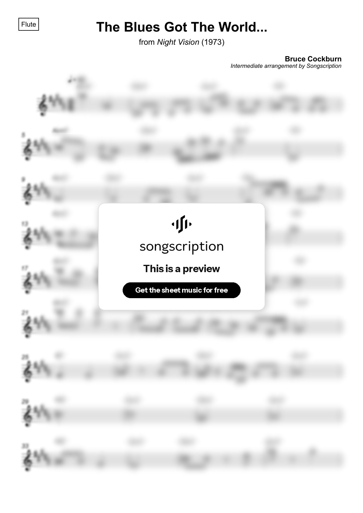 Intermediate Flute Sheet Music for "The Blues Got The World..." by Bruce Cockburn