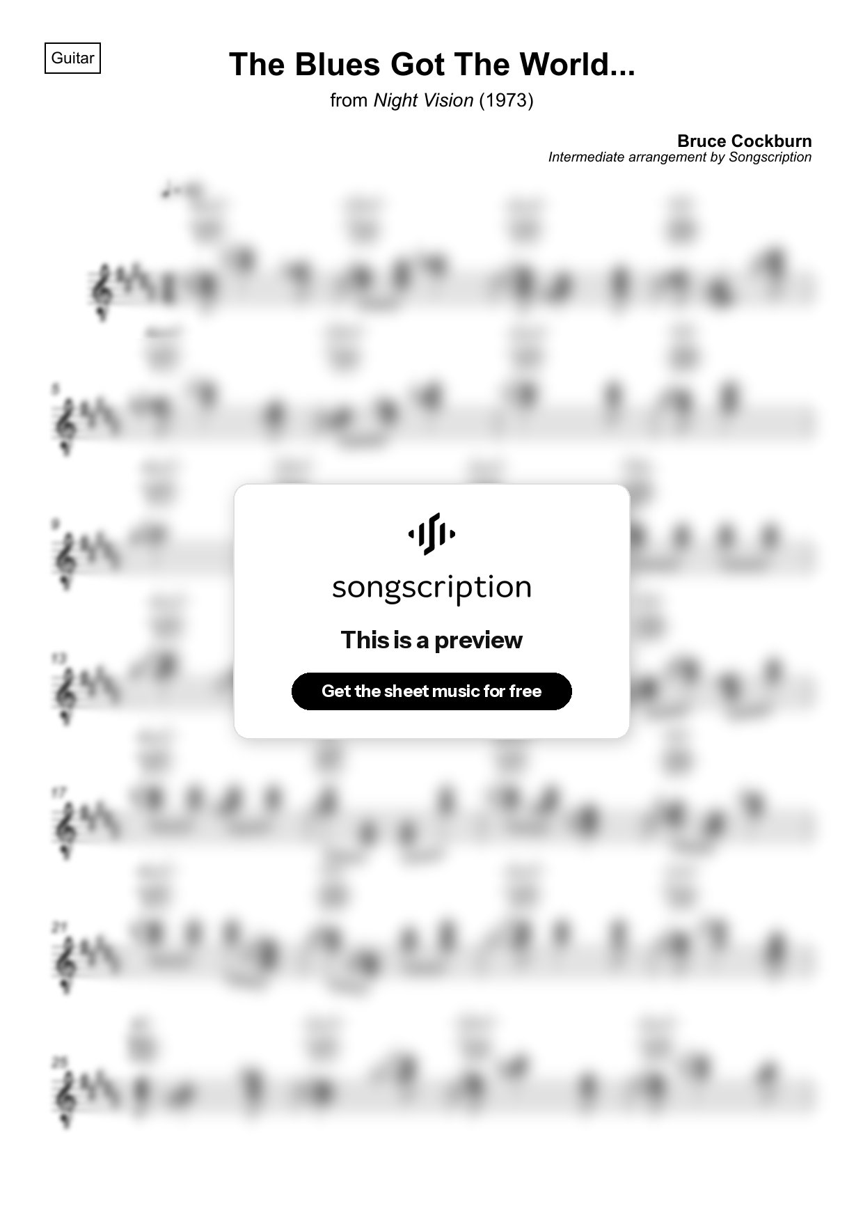 Intermediate Acoustic Guitar Sheet Music for "The Blues Got The World..." by Bruce Cockburn