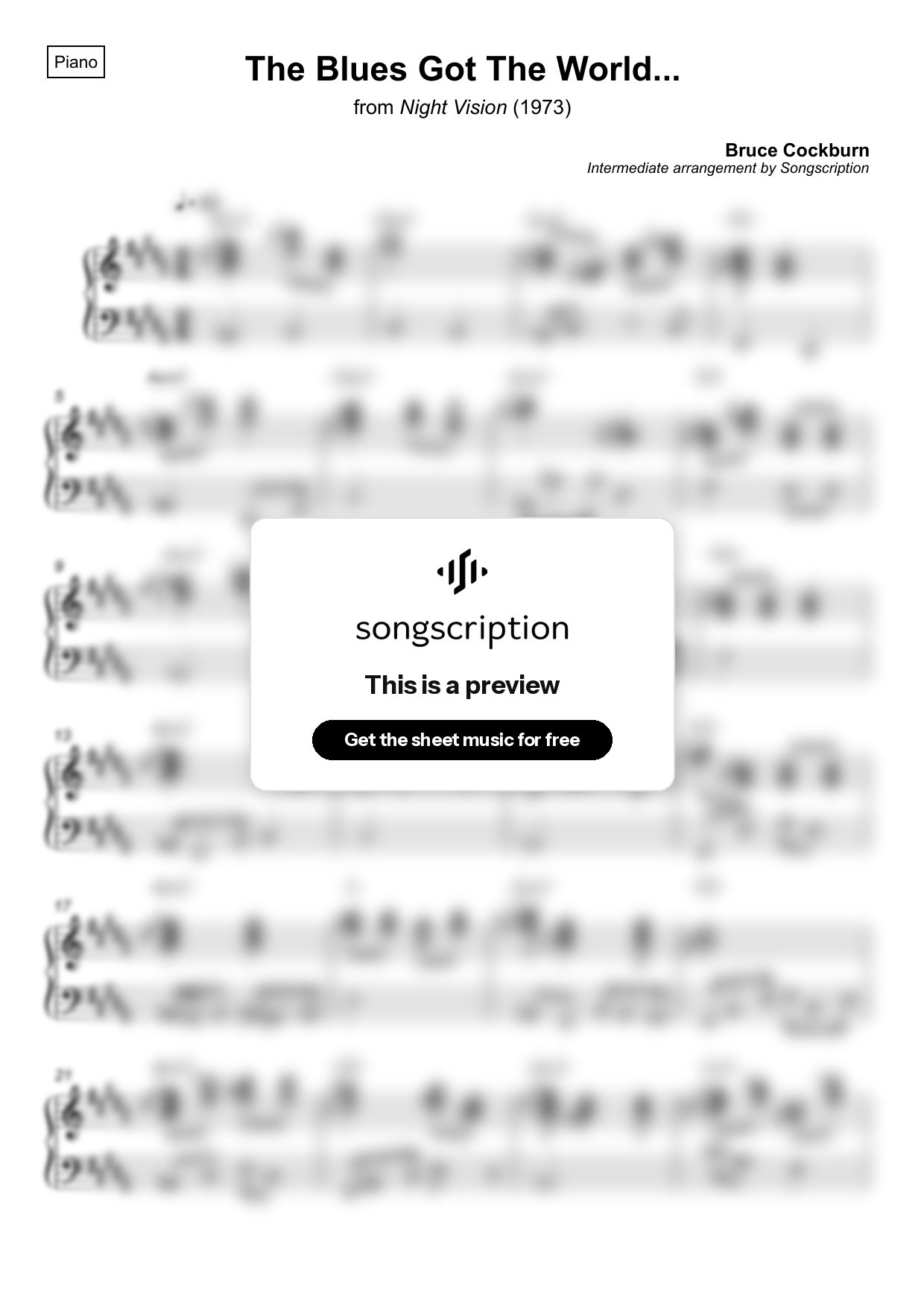 Intermediate Piano Sheet Music for "The Blues Got The World..." by Bruce Cockburn